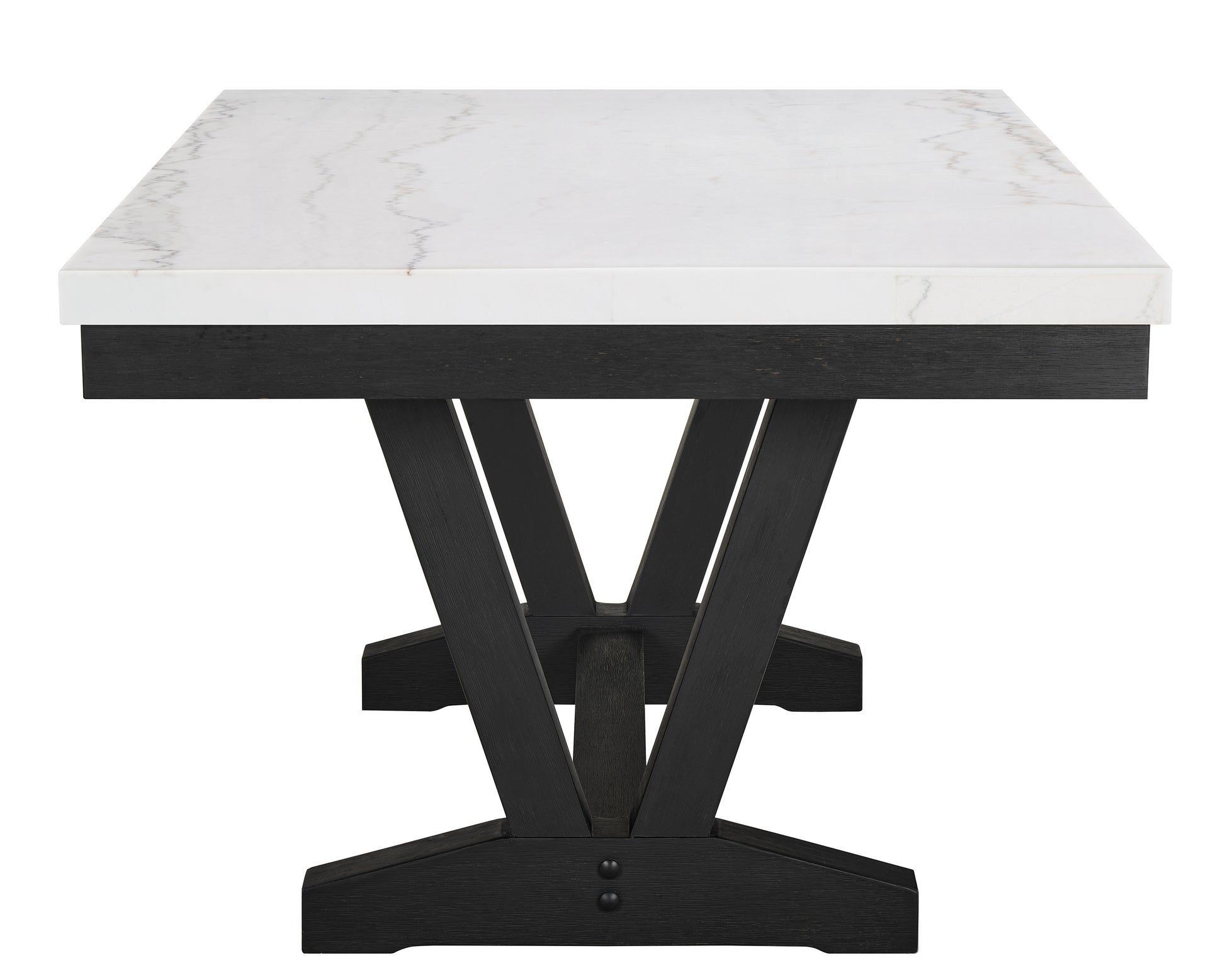 White marble top dining table with dark wood trestle base