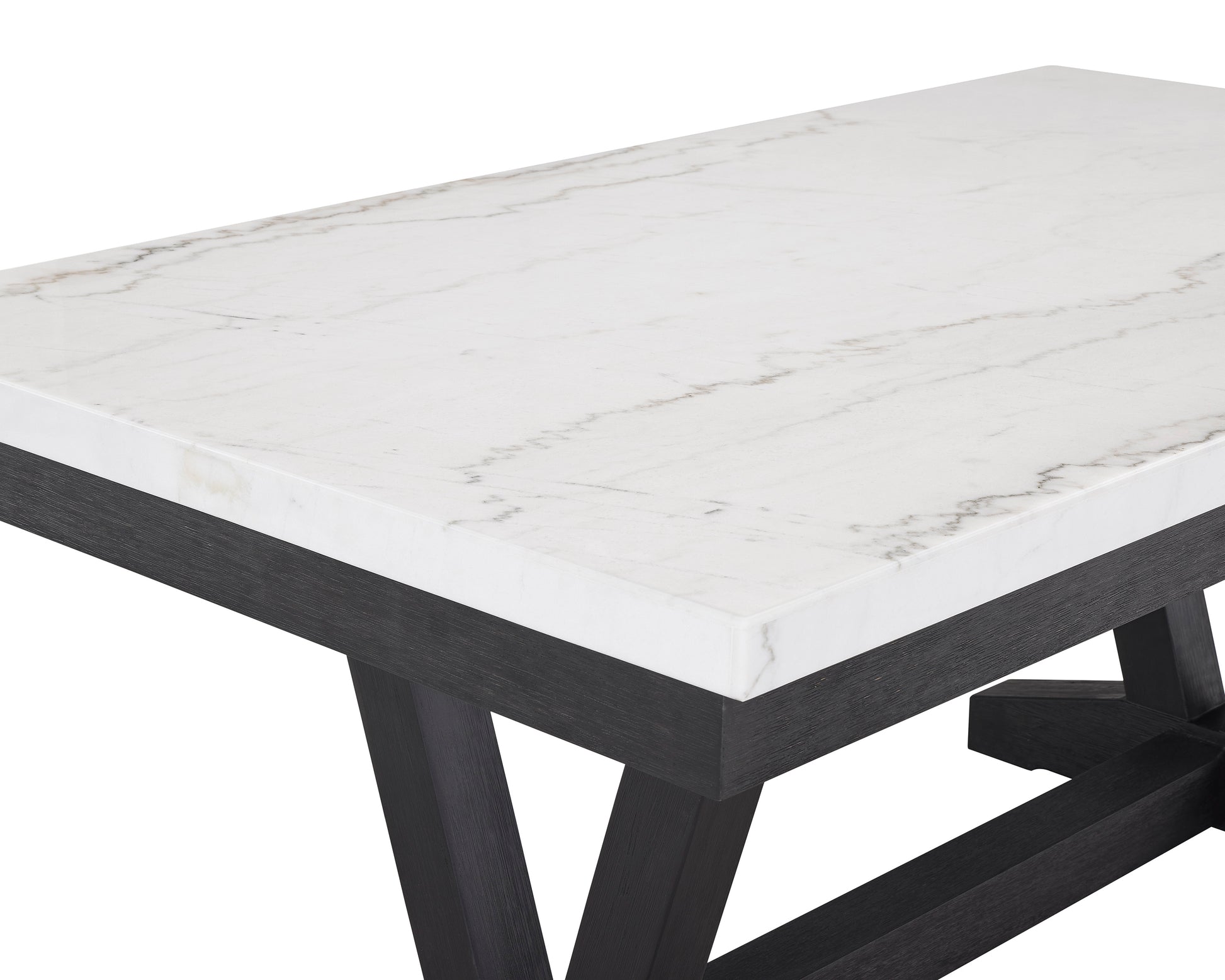 Rectangular dining table with white marblelook top and dark wood base