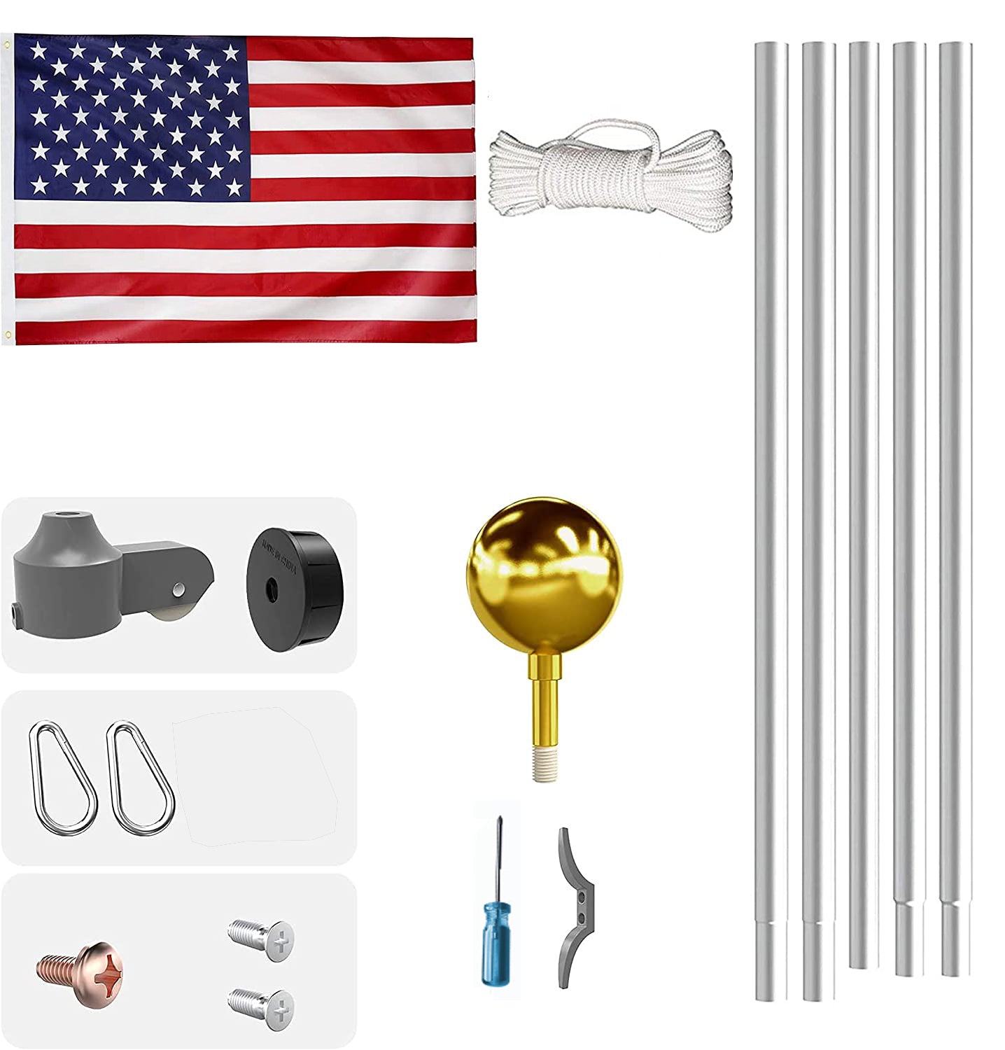 American flag kit with silver flagpole gold finial and rope