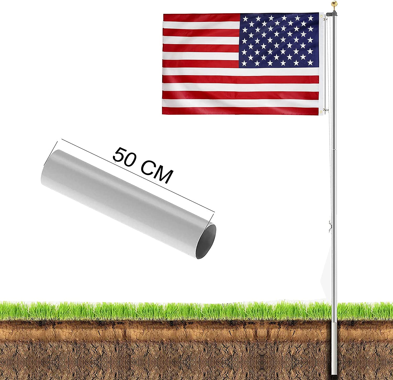 CM aluminum flagpole hardware kit with an American flag designed for outdoor display