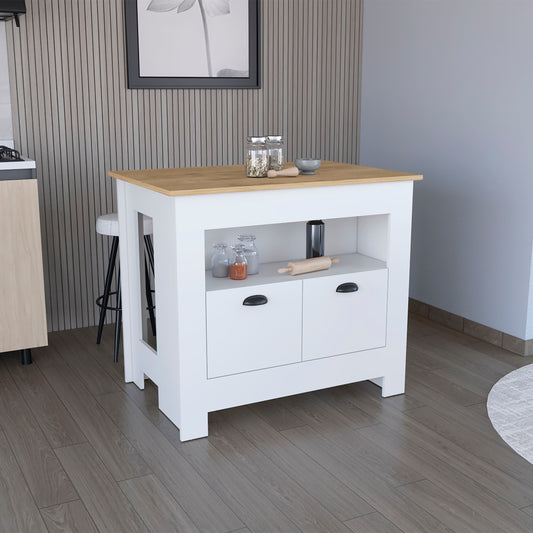 White kitchen island with oak top two drawers and open shelving for storage