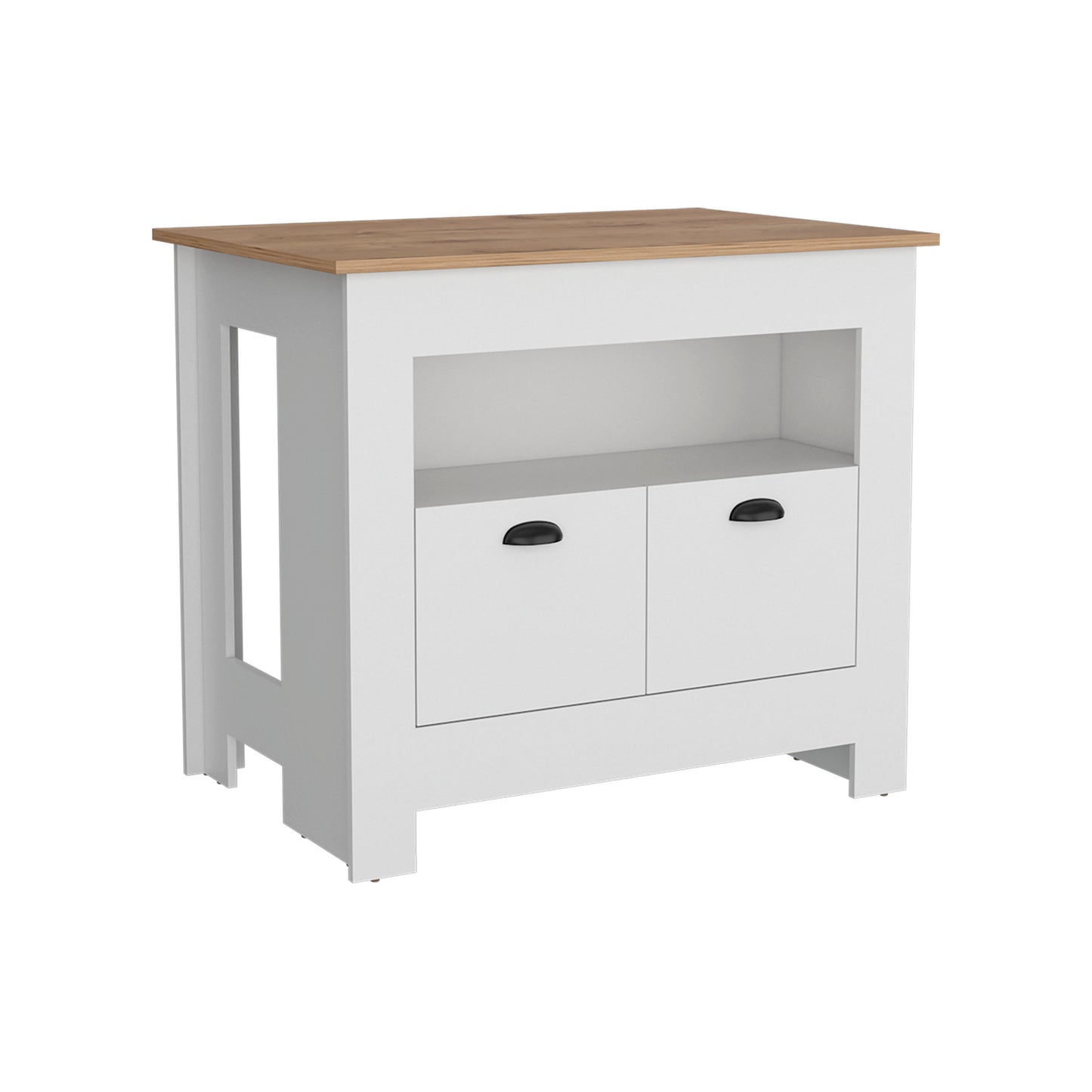 White kitchen island cart with two drawers and oak wood top