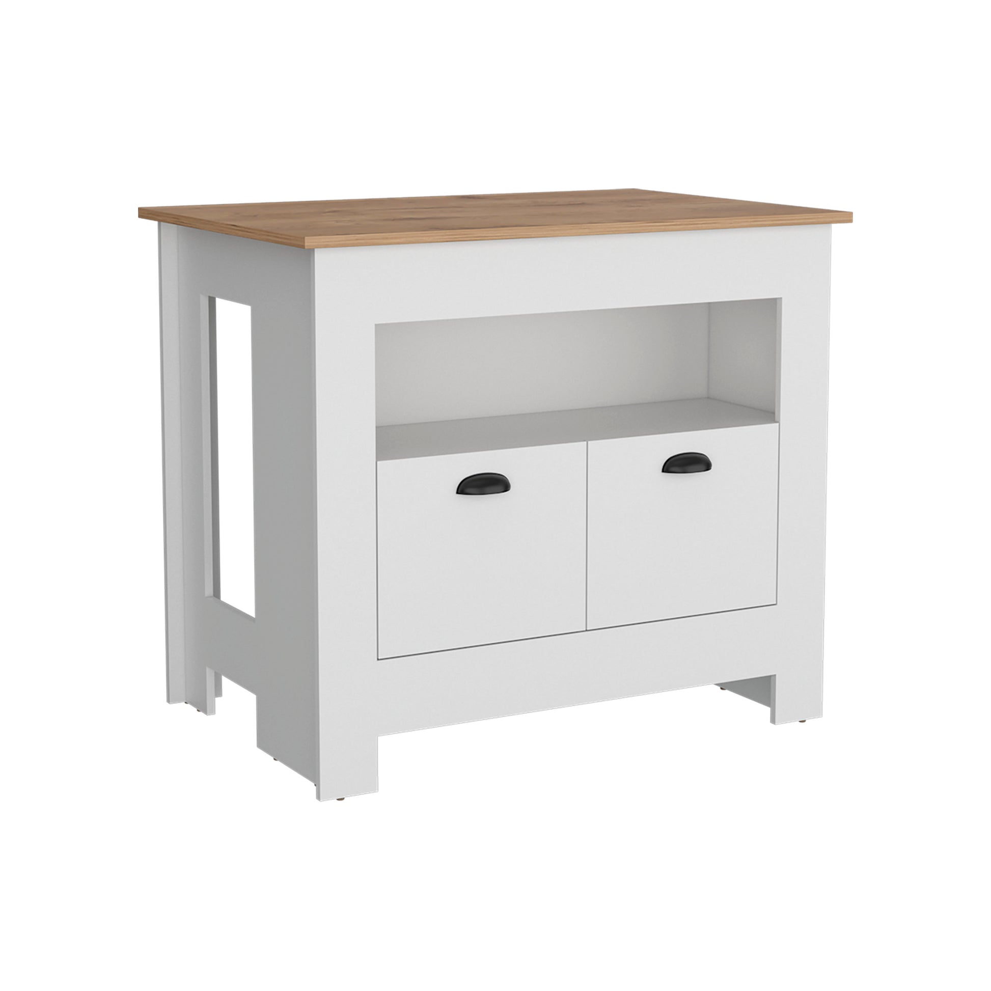 White kitchen island cart with two drawers and oak wood top
