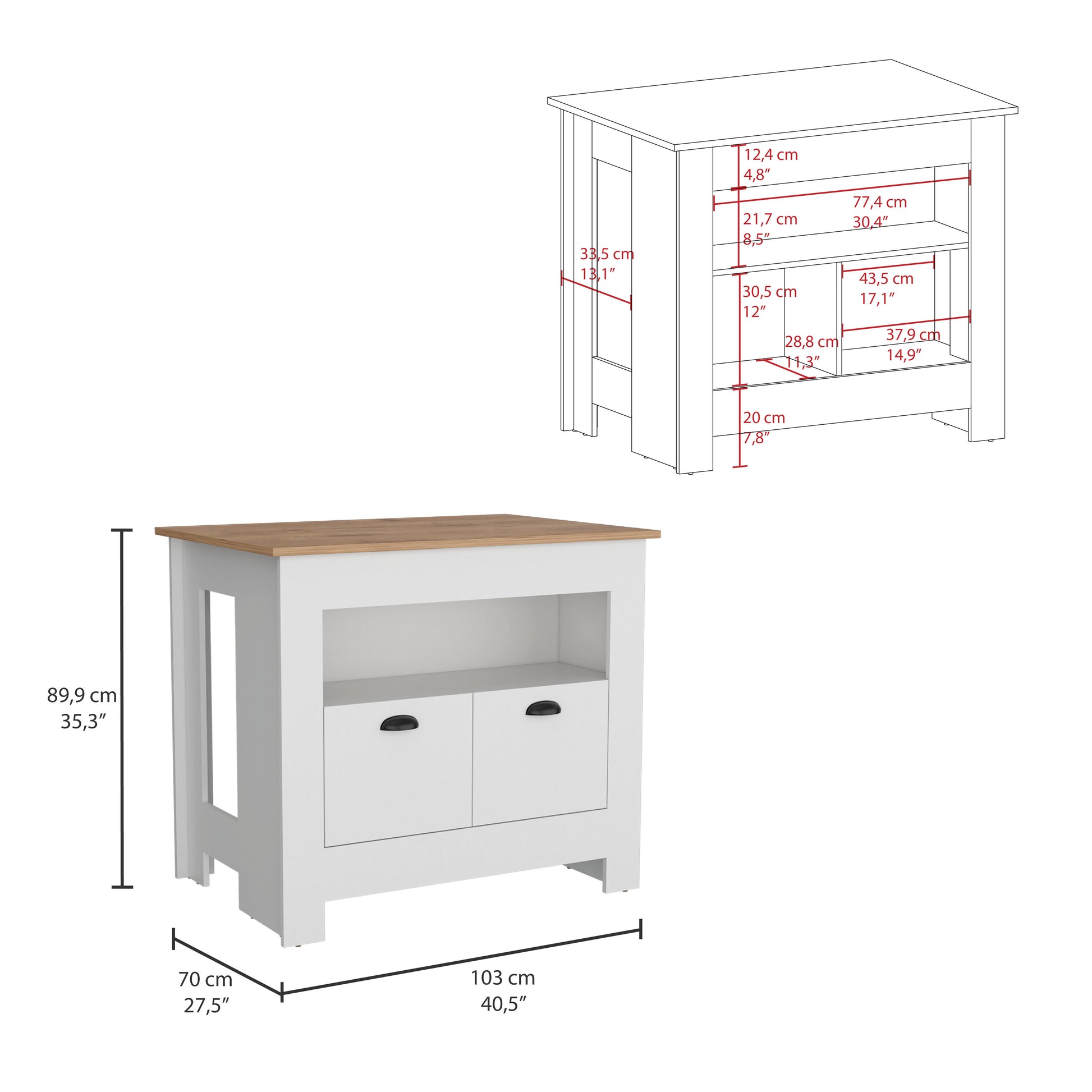 White kitchen island with wood top and two drawers