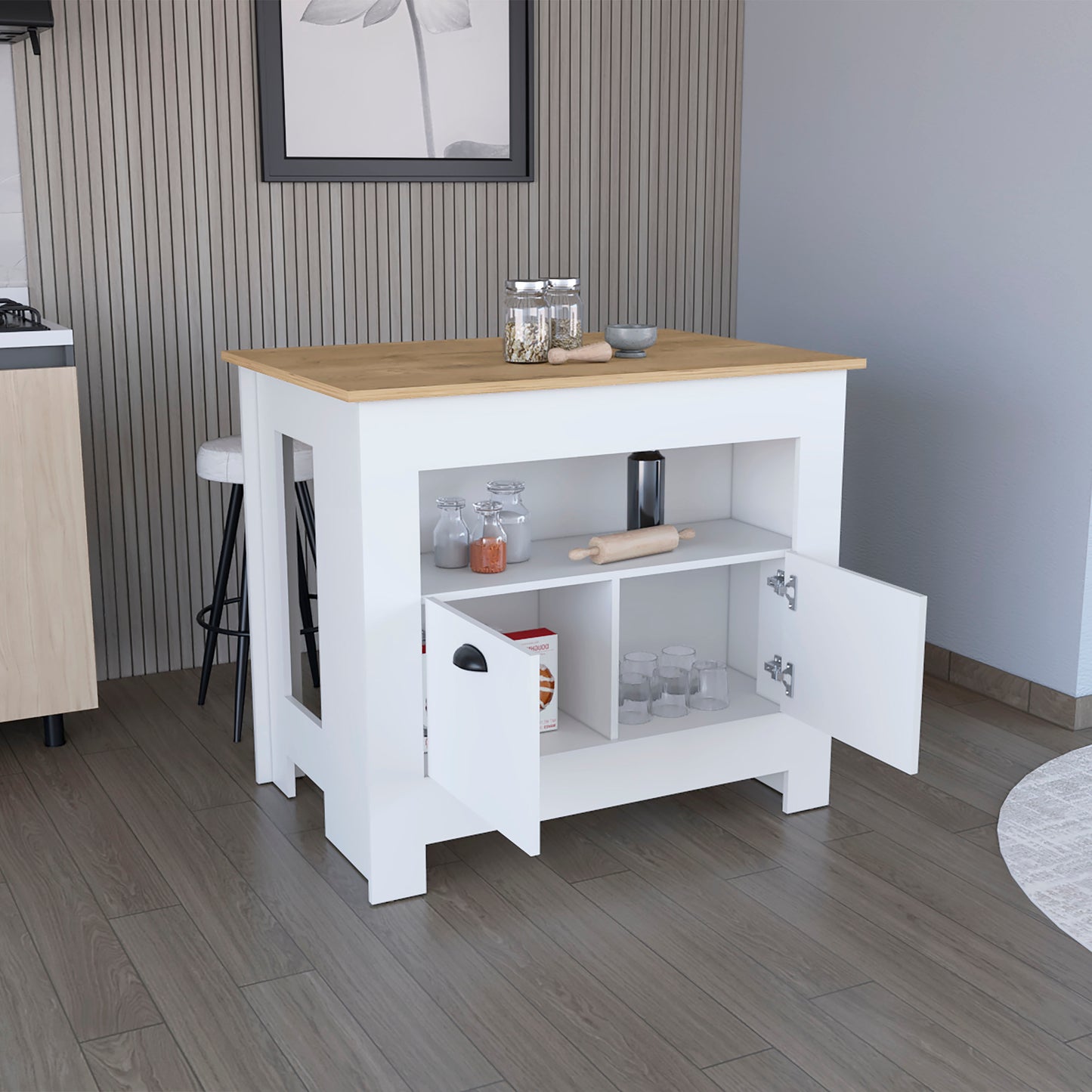 White kitchen island with natural wood top and open shelving