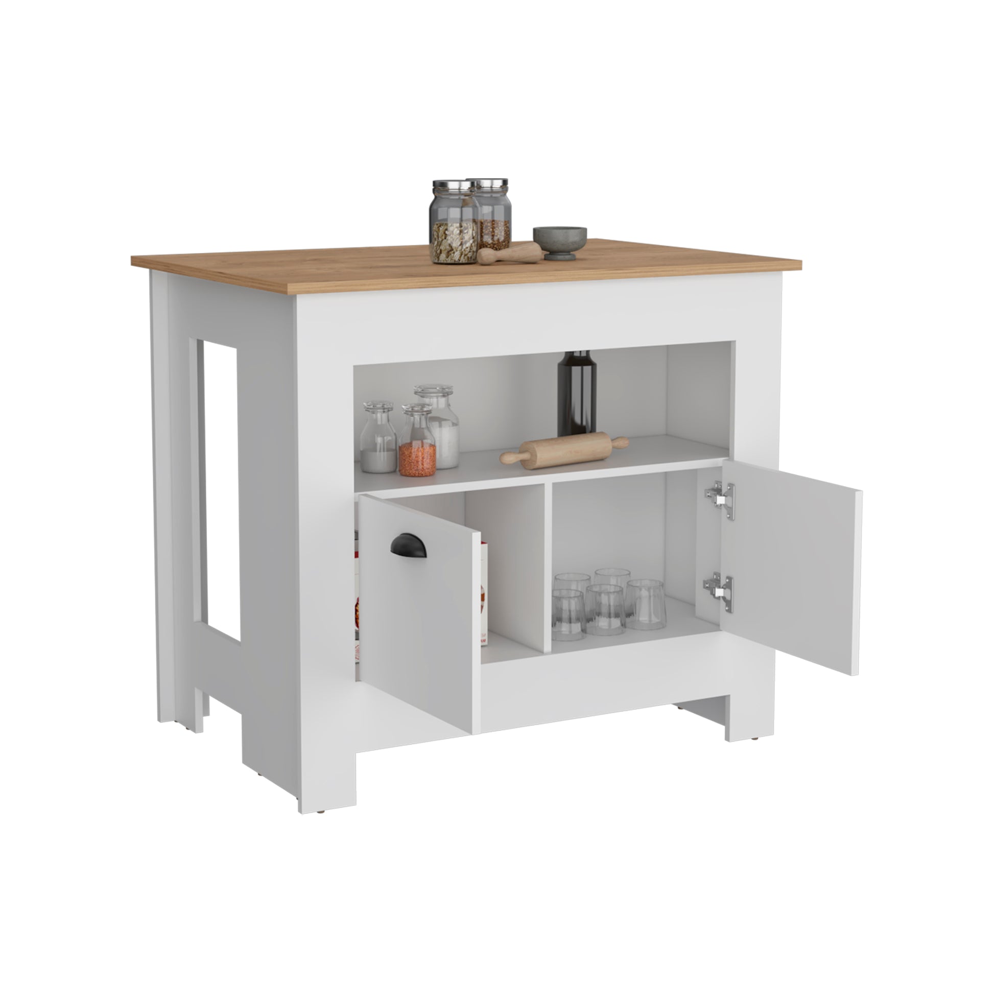 White and wood kitchen island cart with open shelves and glass jars on top