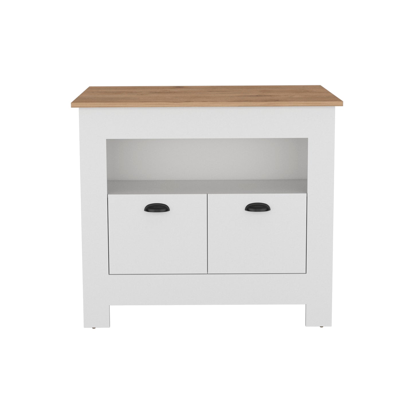 White bathroom vanity with oak countertop and two drawers