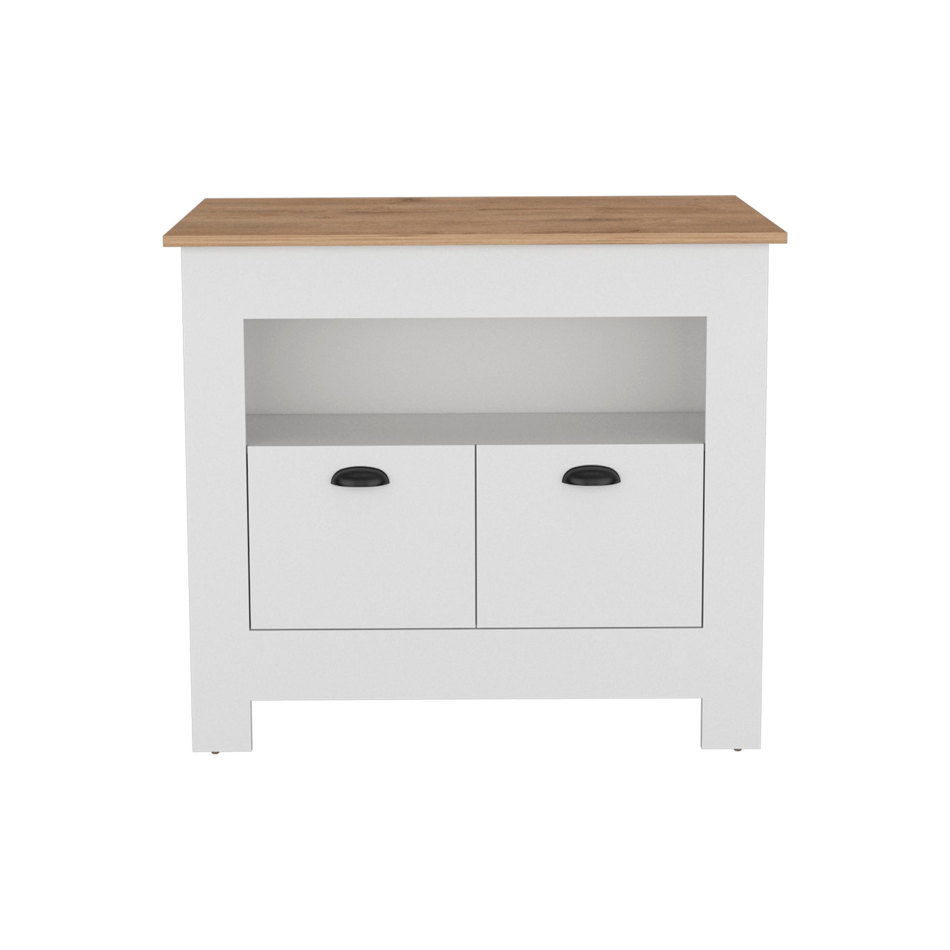 White bathroom vanity with oak countertop and two drawers