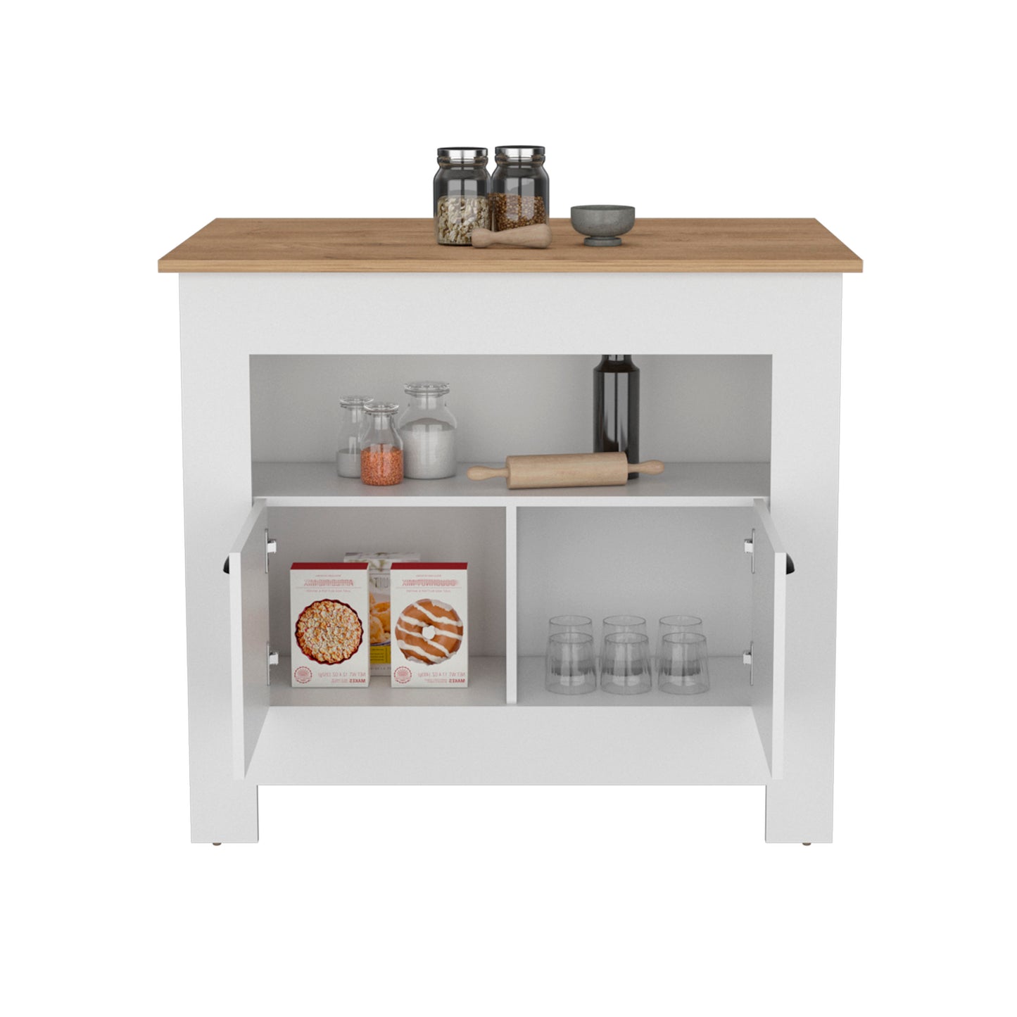White kitchen island with wood countertop and open storage