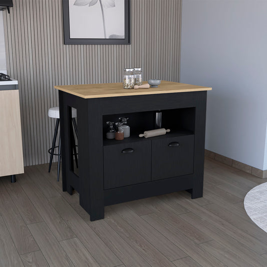 Black kitchen island with wood countertop and two drawers