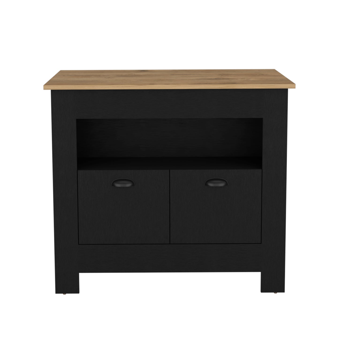 Black and oak small cabinet with two drawers and open shelf