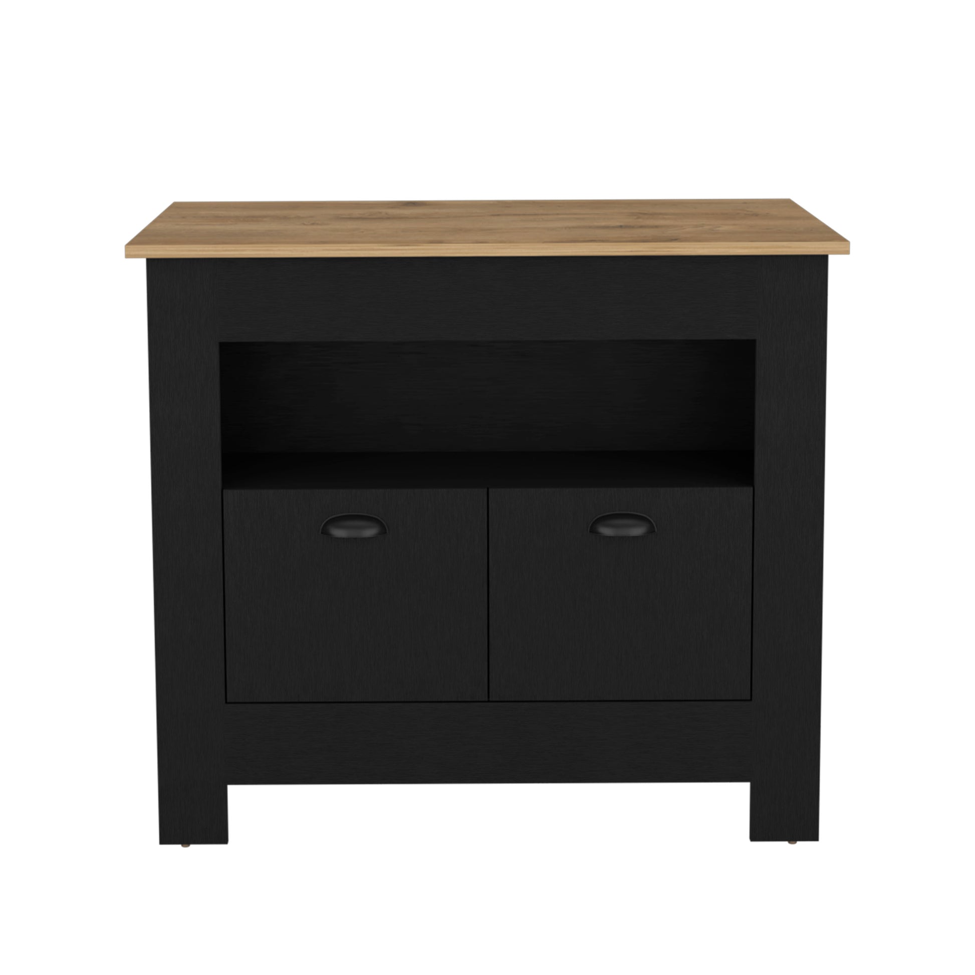 Black and oak small cabinet with two drawers and open shelf