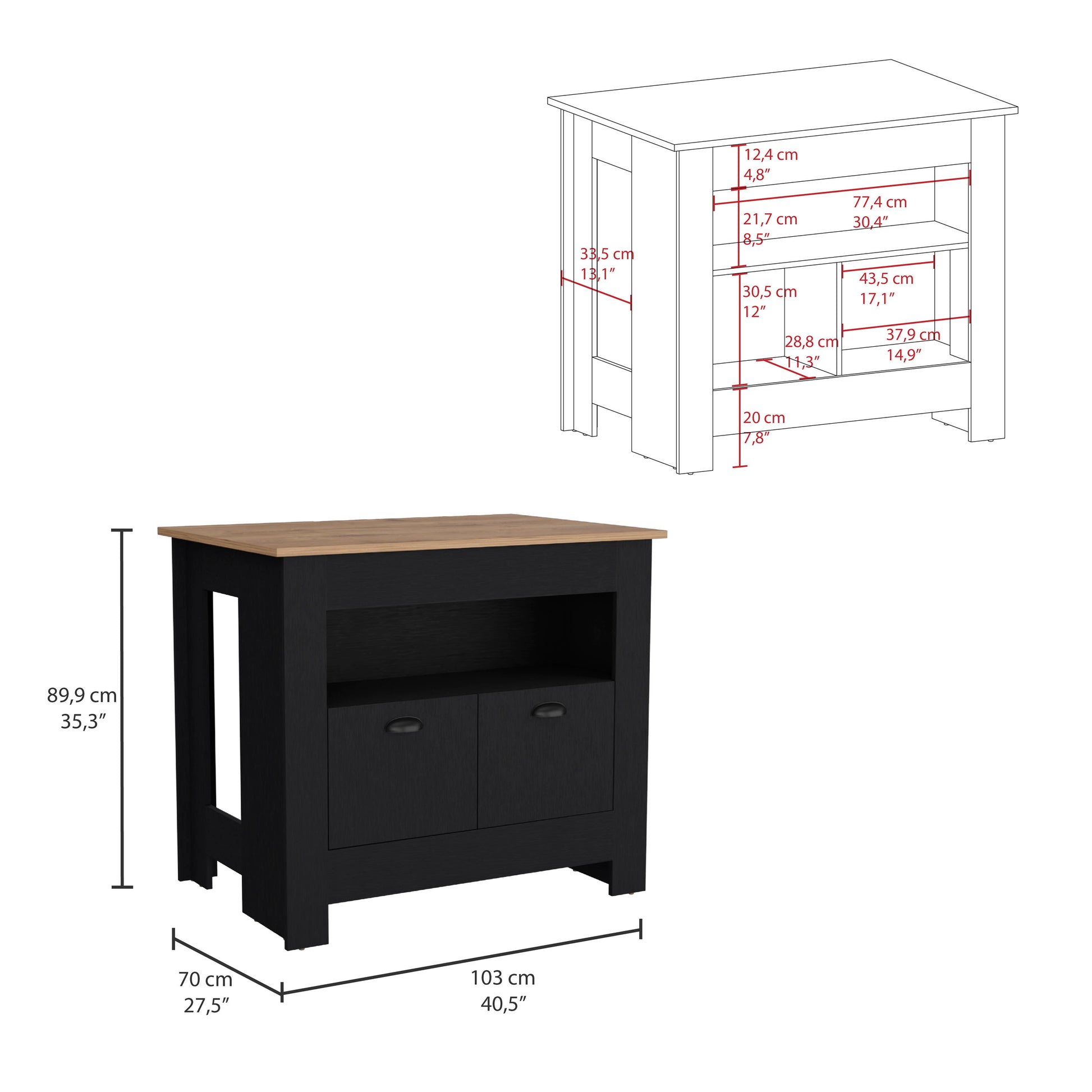 Black kitchen island with two drawers and oak countertop