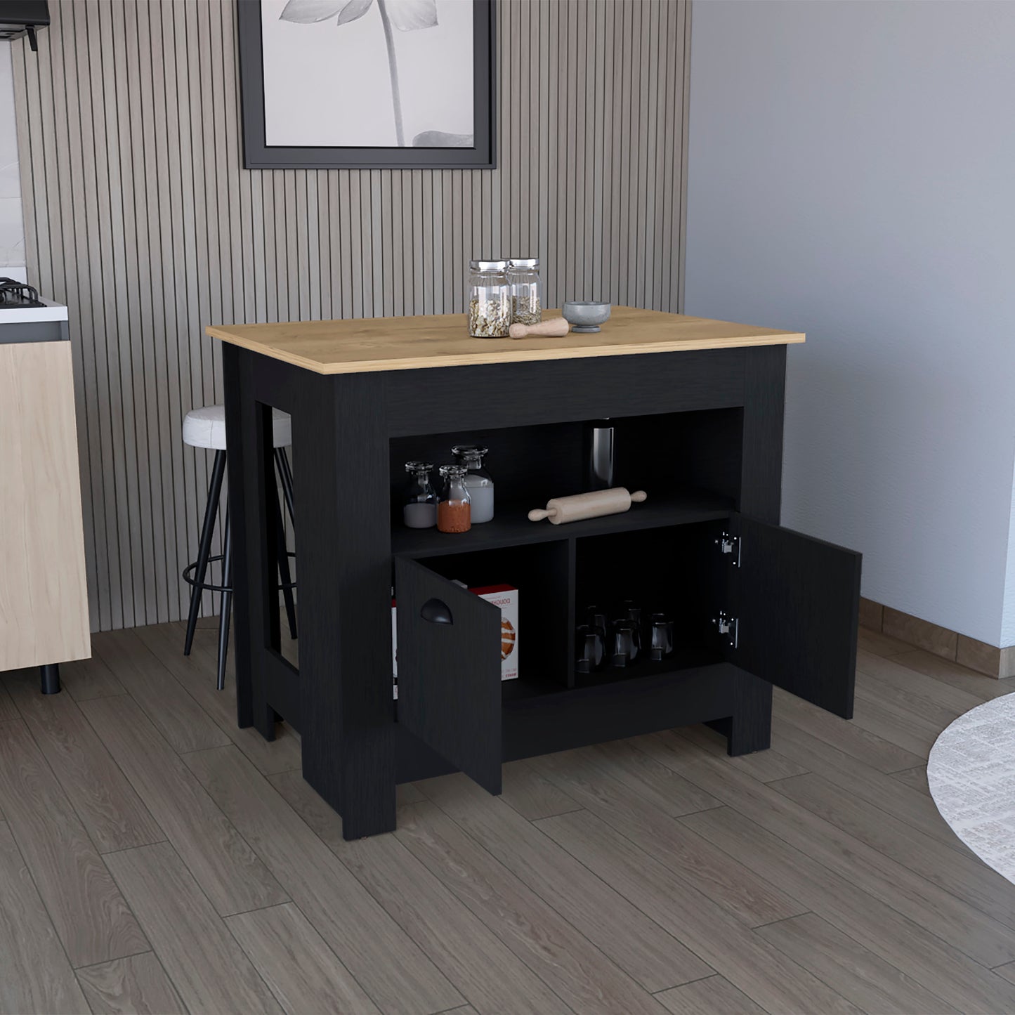Black kitchen island with a light wood countertop and open storage shelves