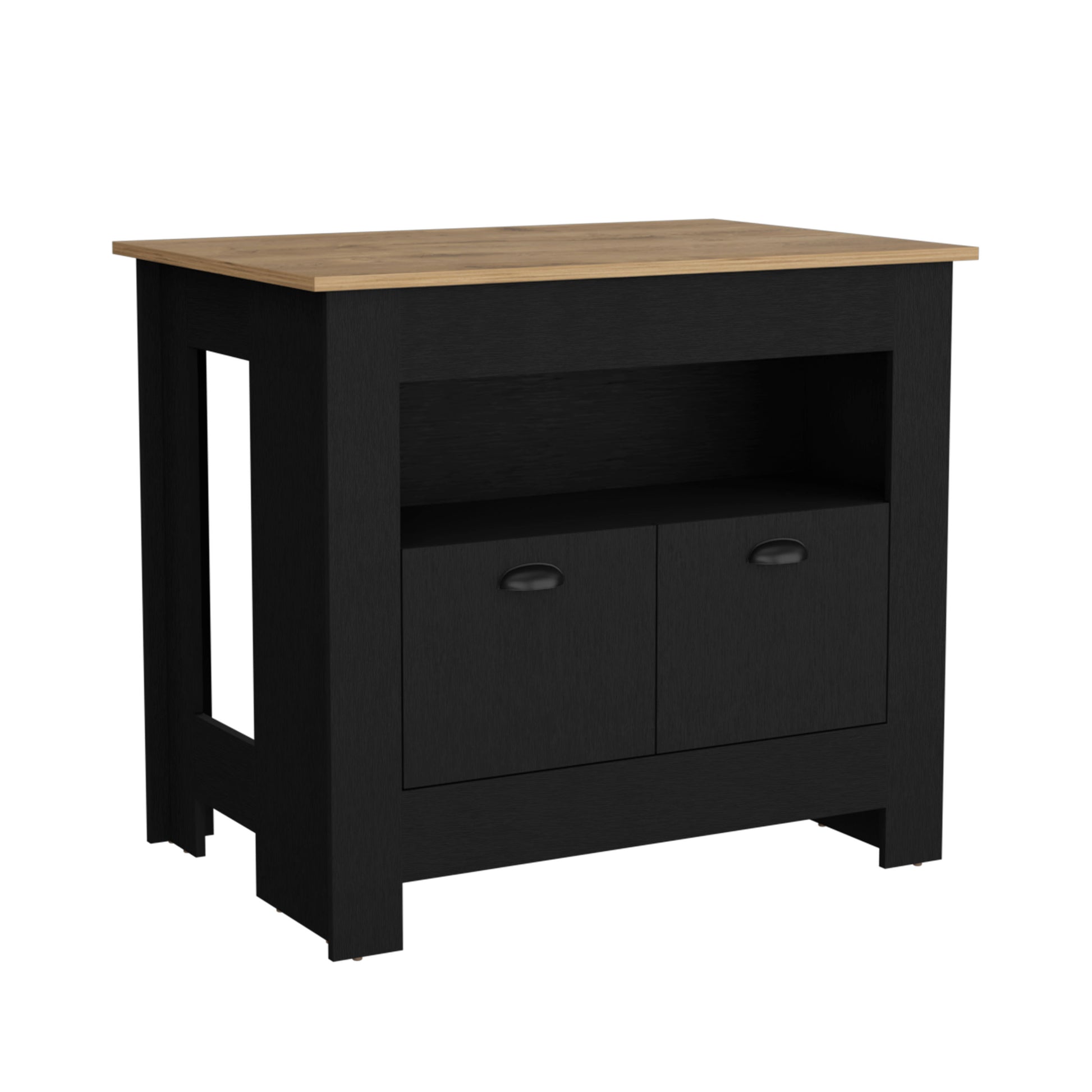 Black and wood accent cabinet with two drawers and open shelf
