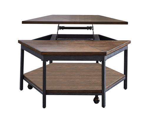 TREATLIFE HOME Hexagon Lift Top Cocktail Table with Casters and Ash Veneers in Mocha Finish