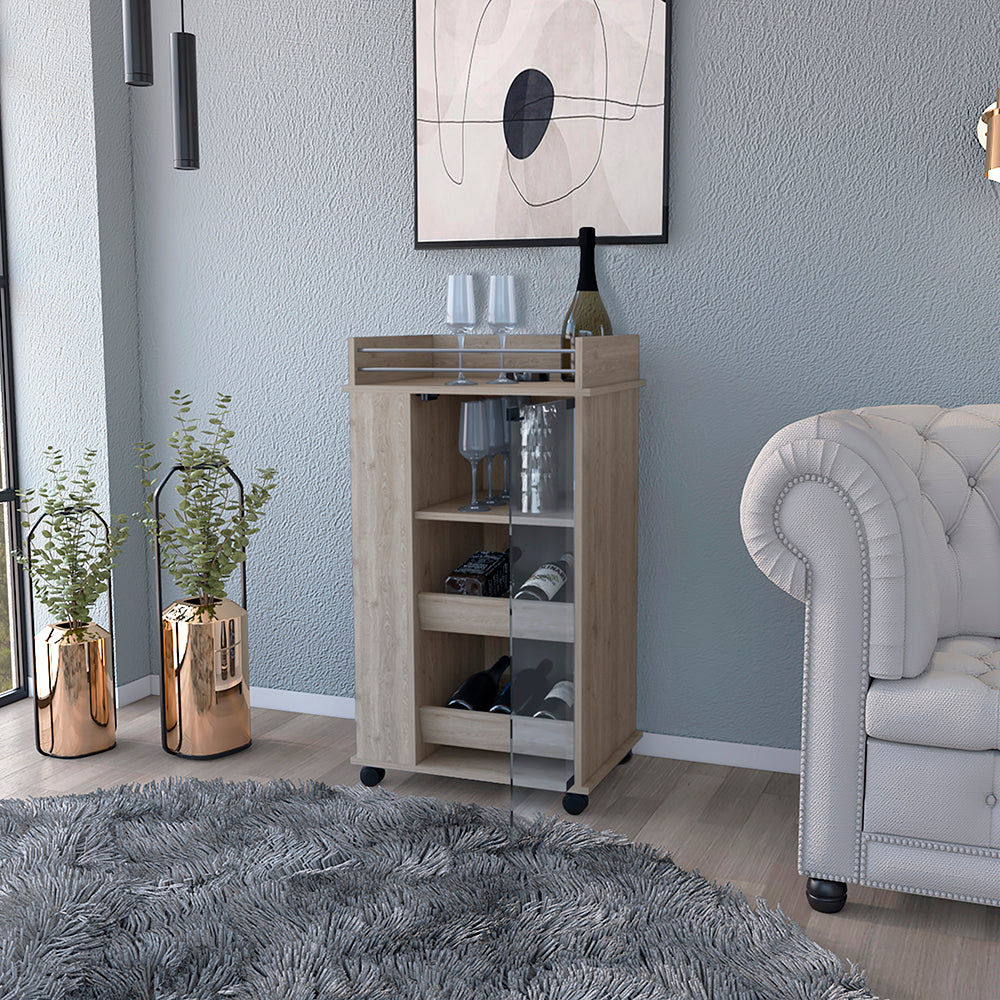 Light oak rolling bar cart with glass doors and wine rack