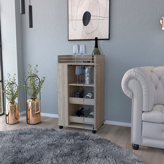 Light oak rolling bar cart with glass doors and wine rack