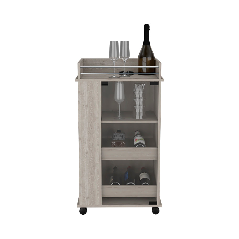 Light oak mobile bar cart with wine bottle and glasses on top