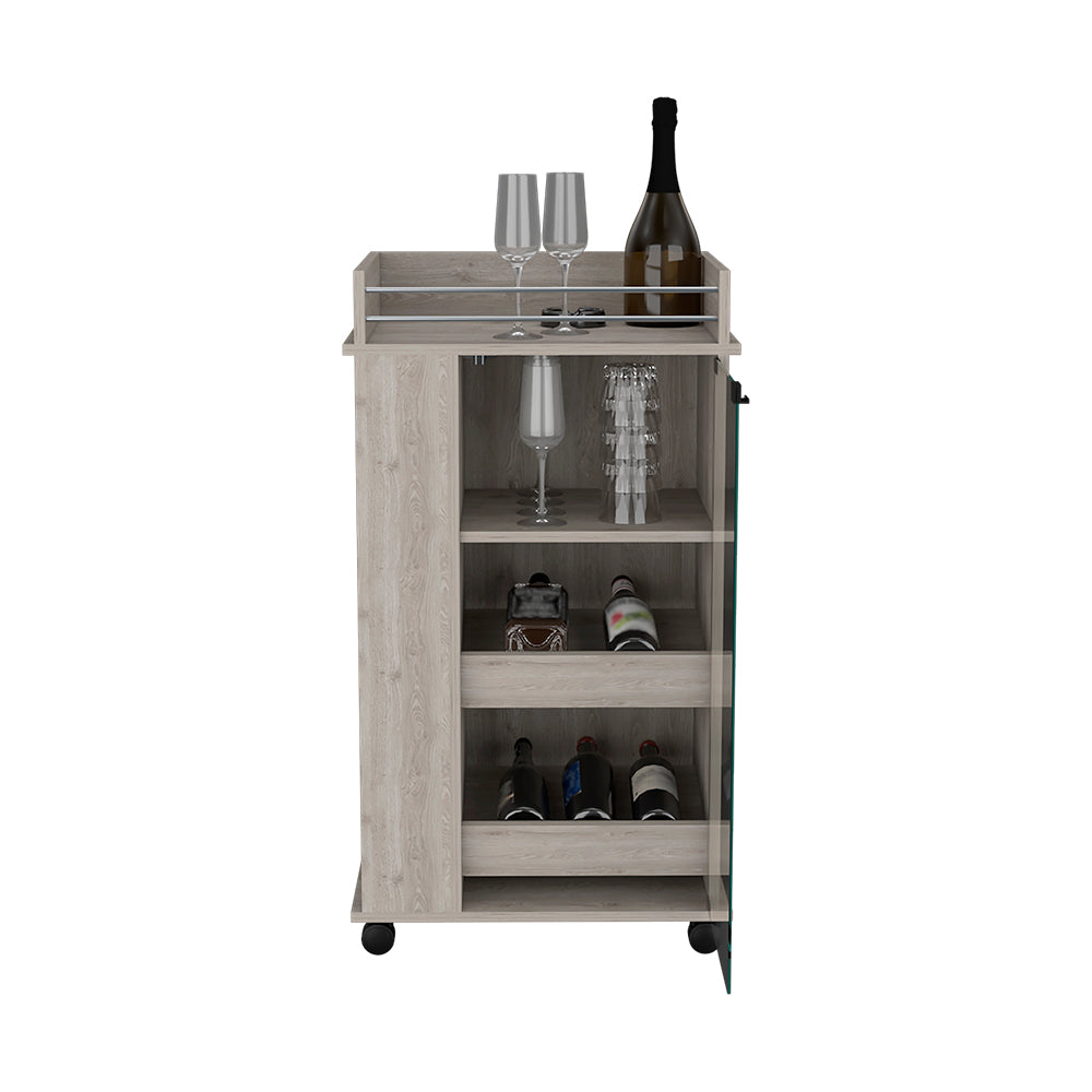 Light wood bar cart with wine bottles and glasses