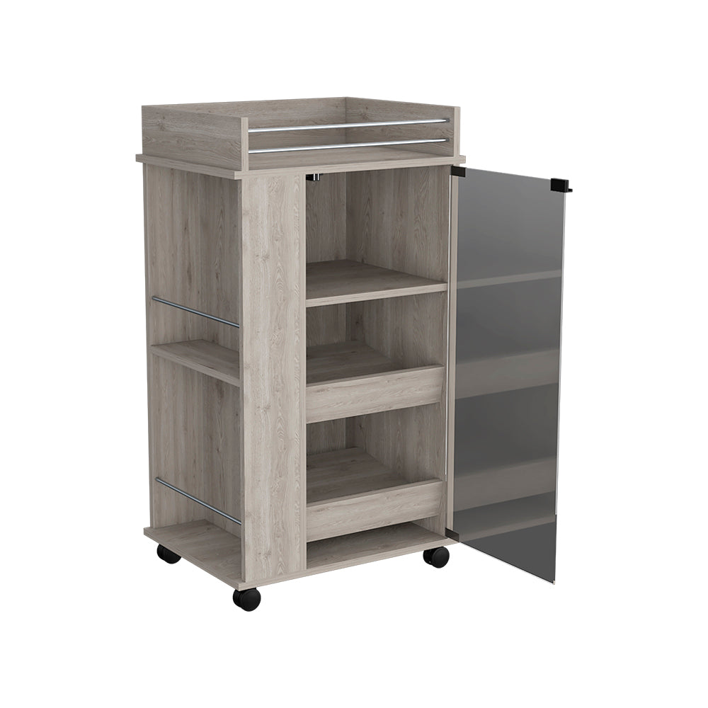 Light wood mobile kitchen cart with open shelves and frosted glass door