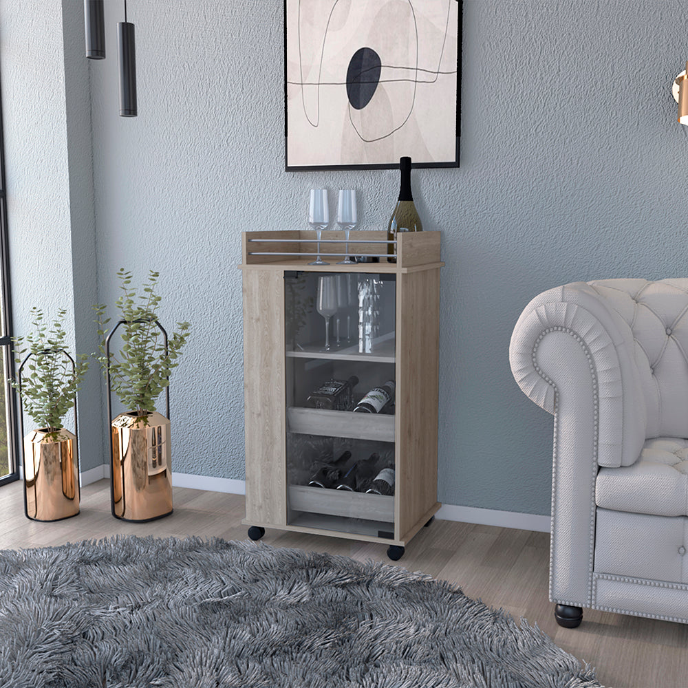 Modern wooden bar cart with glass doors and wine storage shelves
