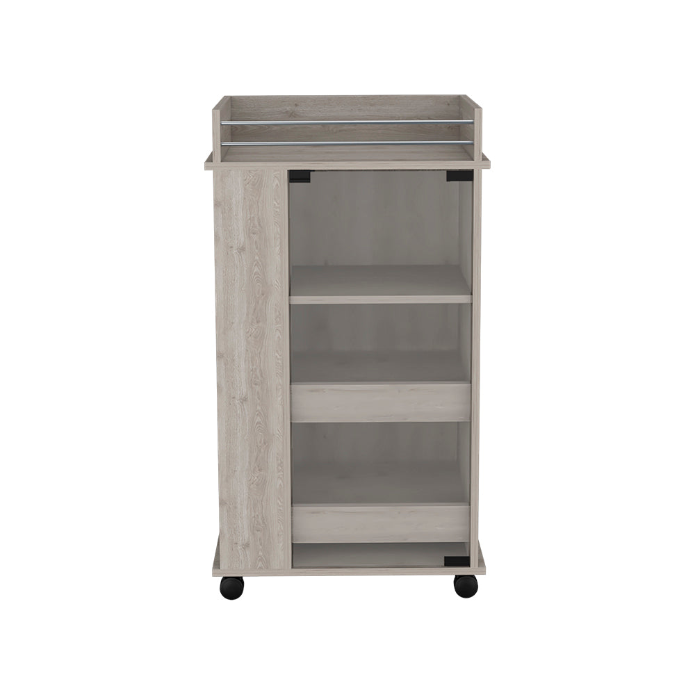Light wood serving cart with two shelves and stainless steel accents