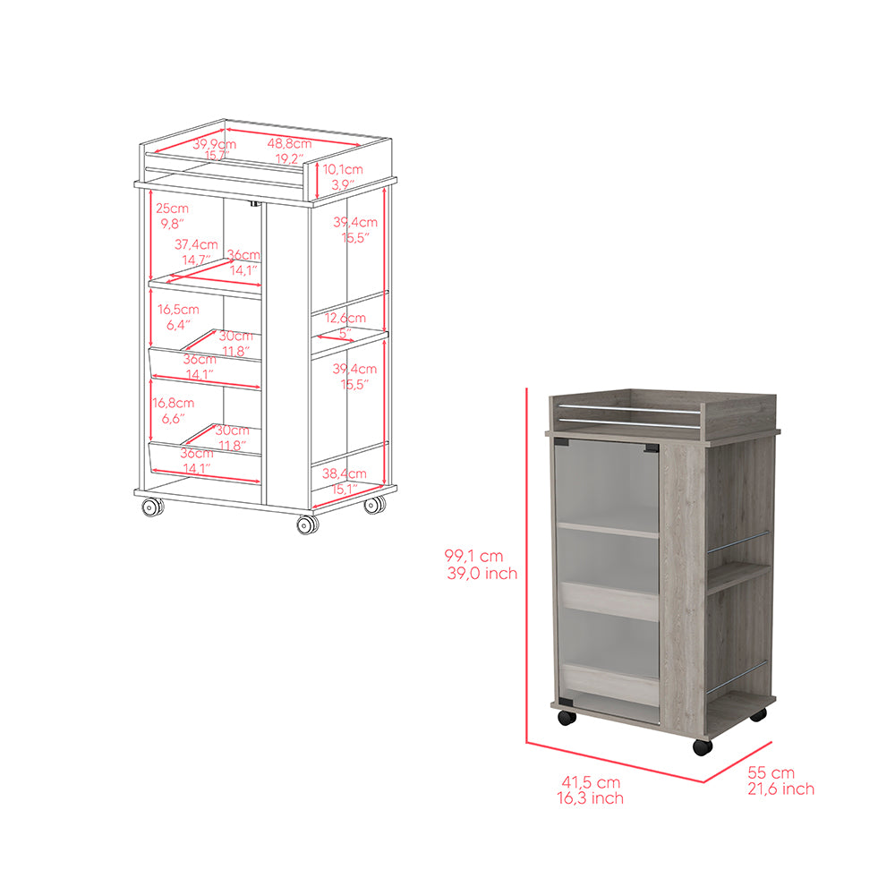 Gray rolling salon cart with open shelves and glass cabinet