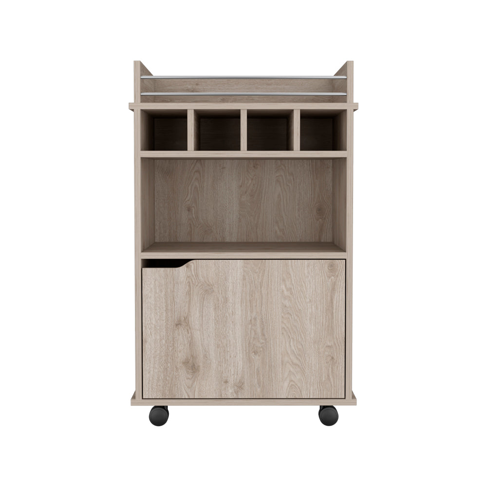 Light wood mobile office cart with open shelves and a cabinet