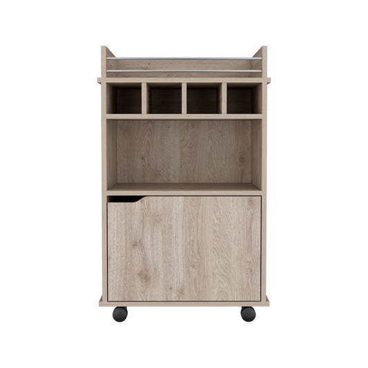 Light wood mobile office cart with open shelves and a cabinet