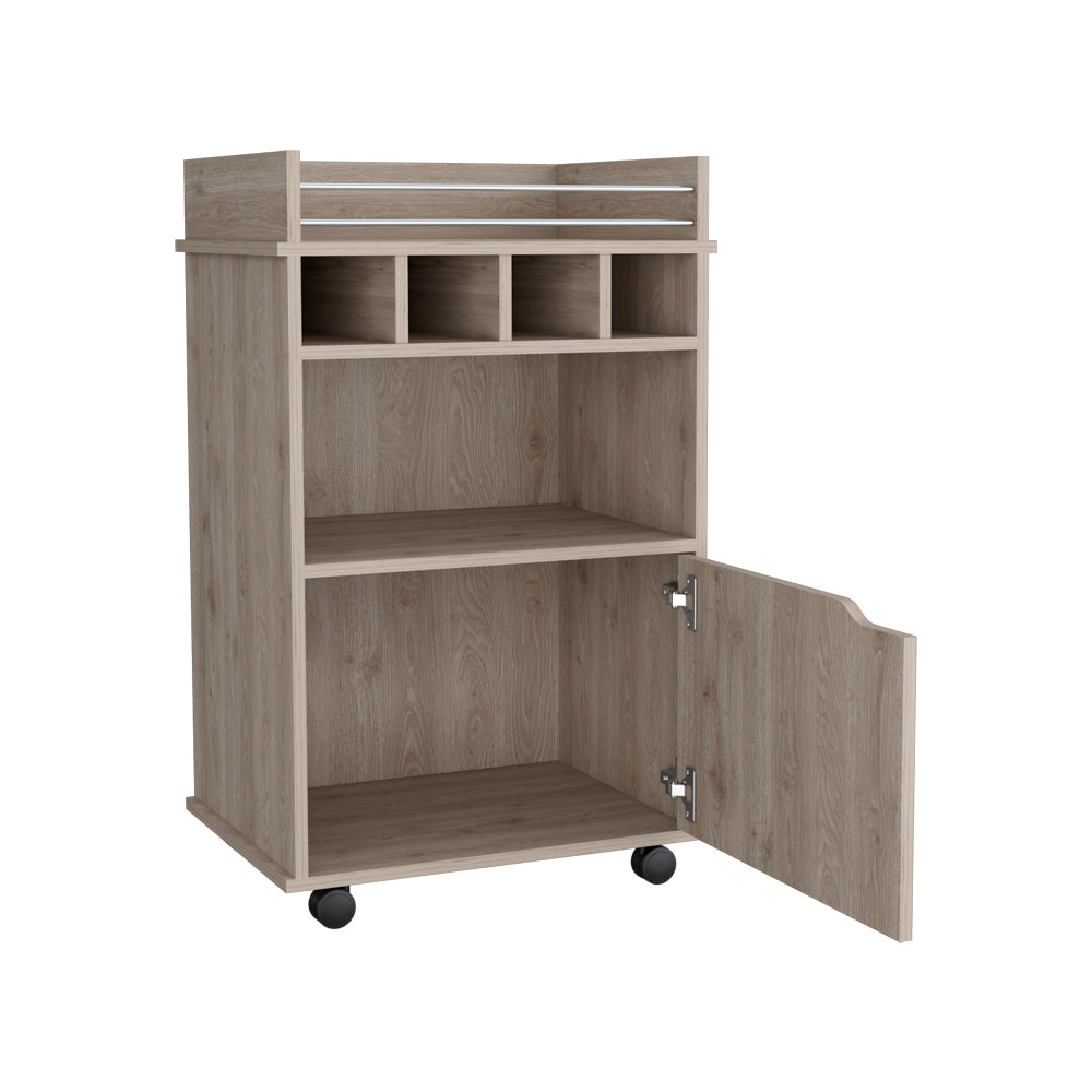 Light oak mobile bar cart with open door and shelves