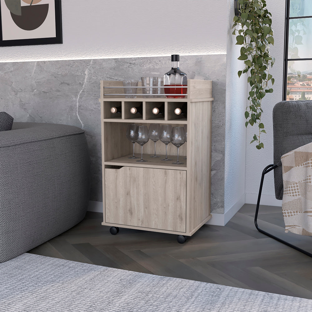 Light oak bar cart with wine rack and glass storage