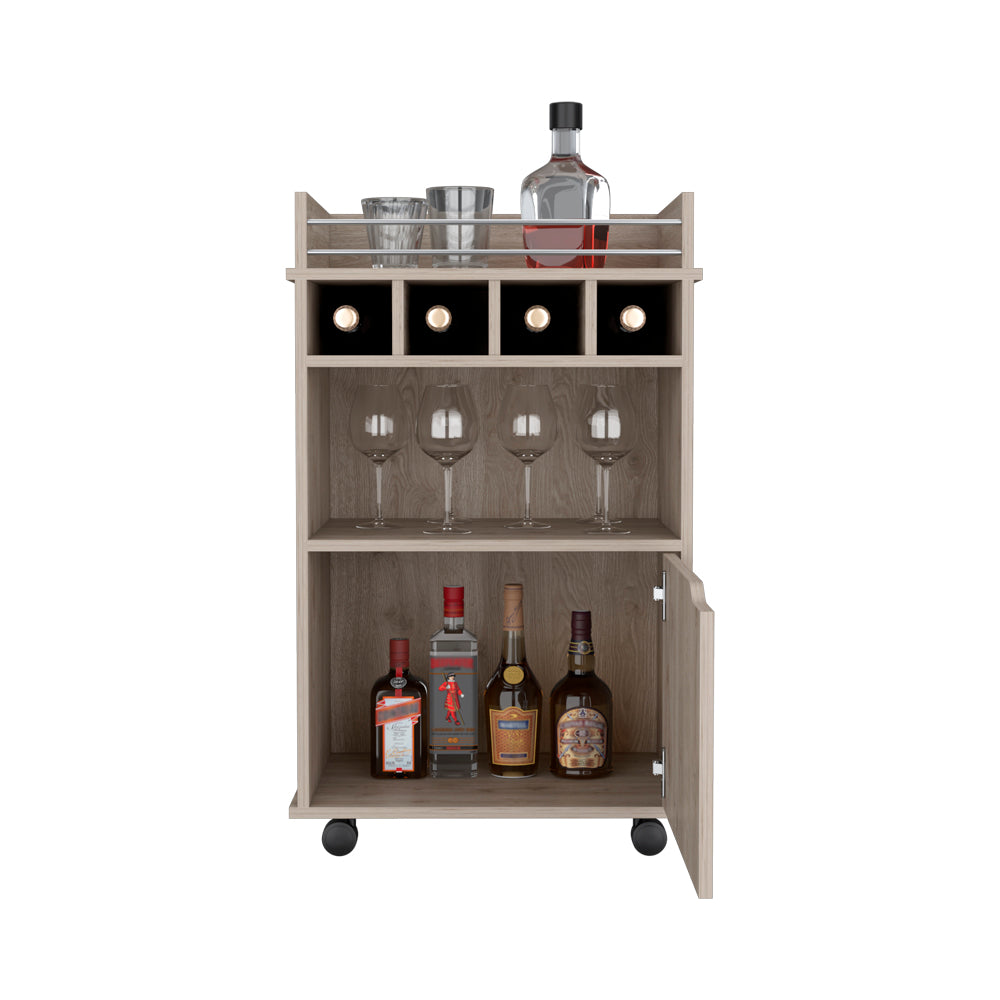 Modern oak bar cart with wine rack and glassware