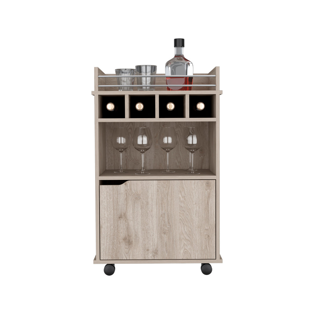 Light wood bar cart with wine rack and glassware storage