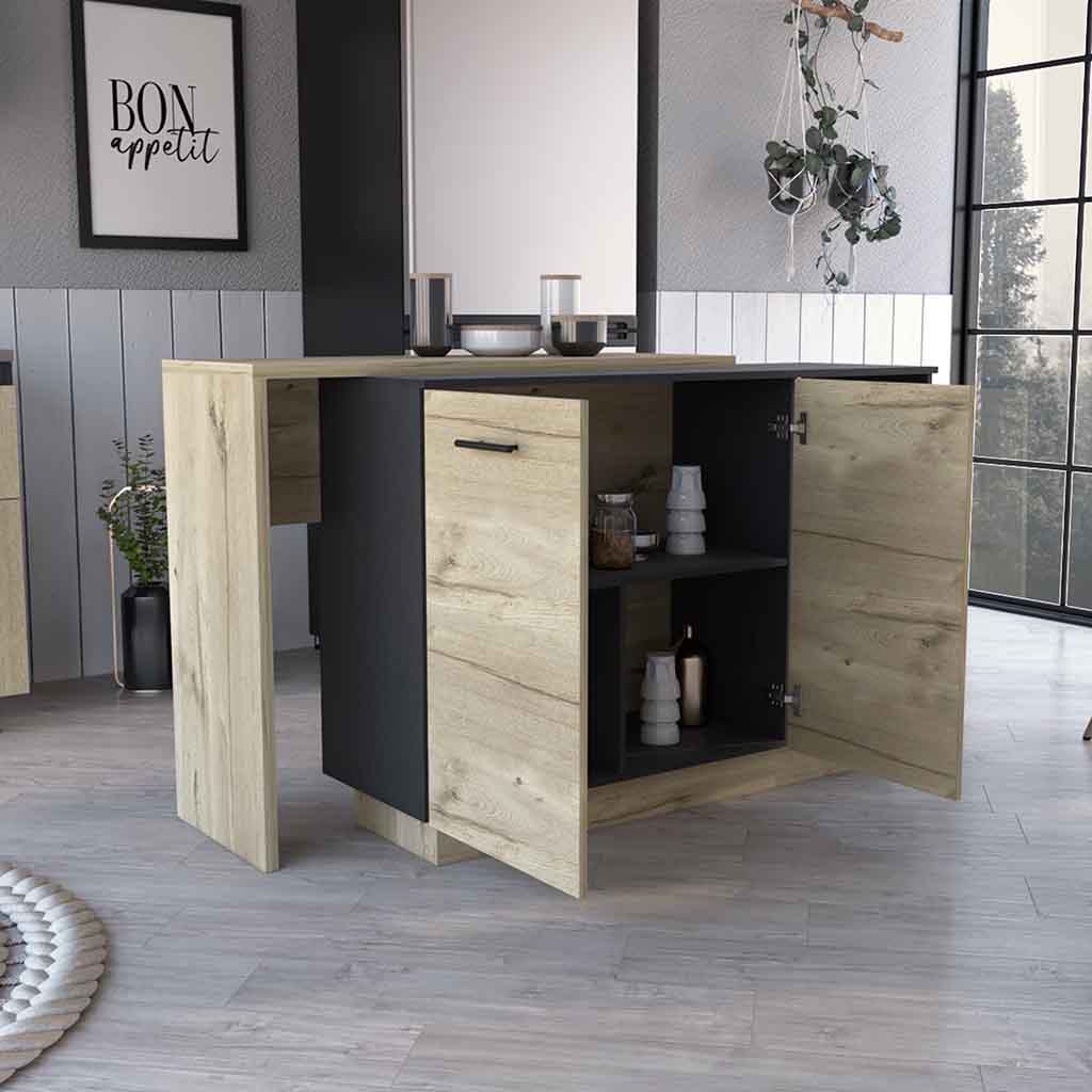 Modern kitchen island with oak veneer doors and black cabinets