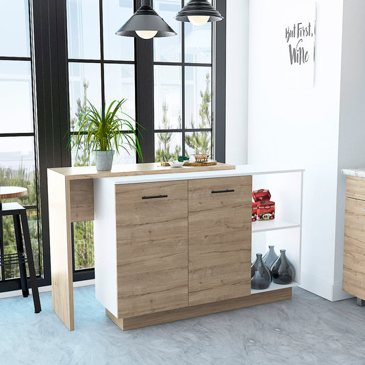 Modern kitchen island with wood grain cabinet doors and white countertop