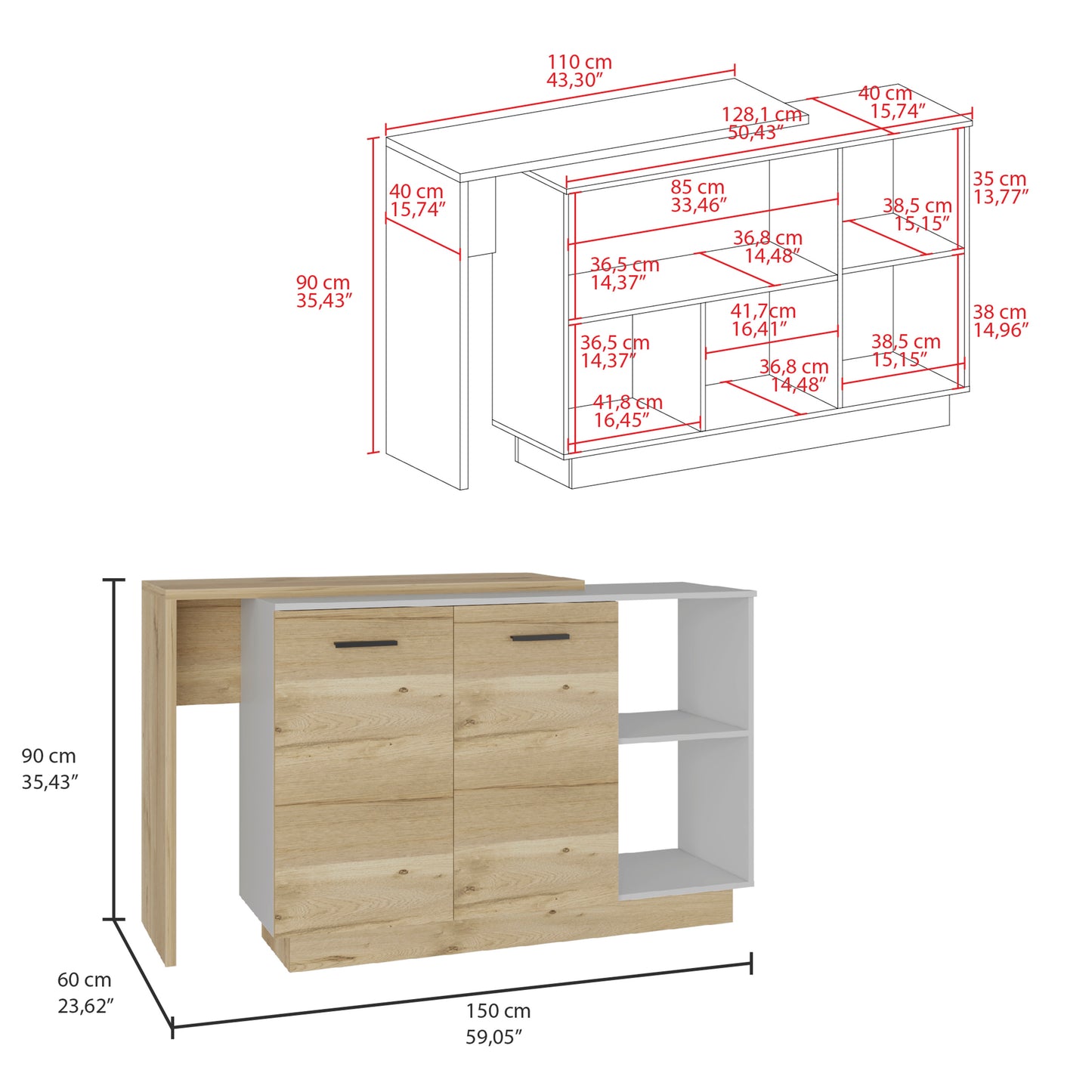 Oak and white sideboard with two drawers and open shelving