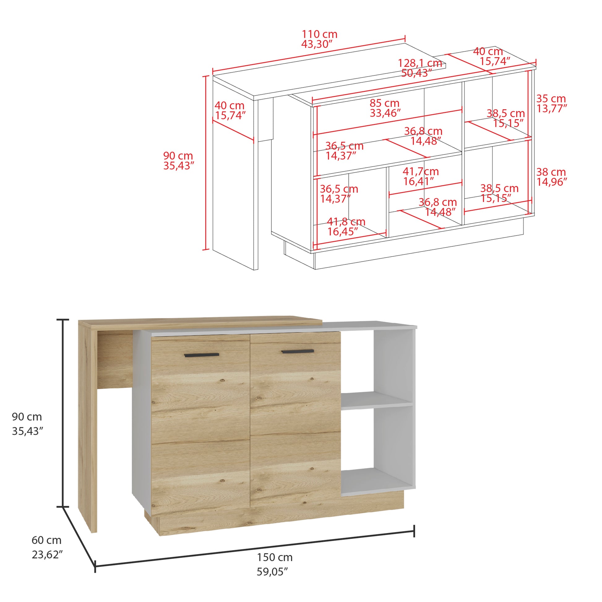 Oak and white sideboard with two drawers and open shelving