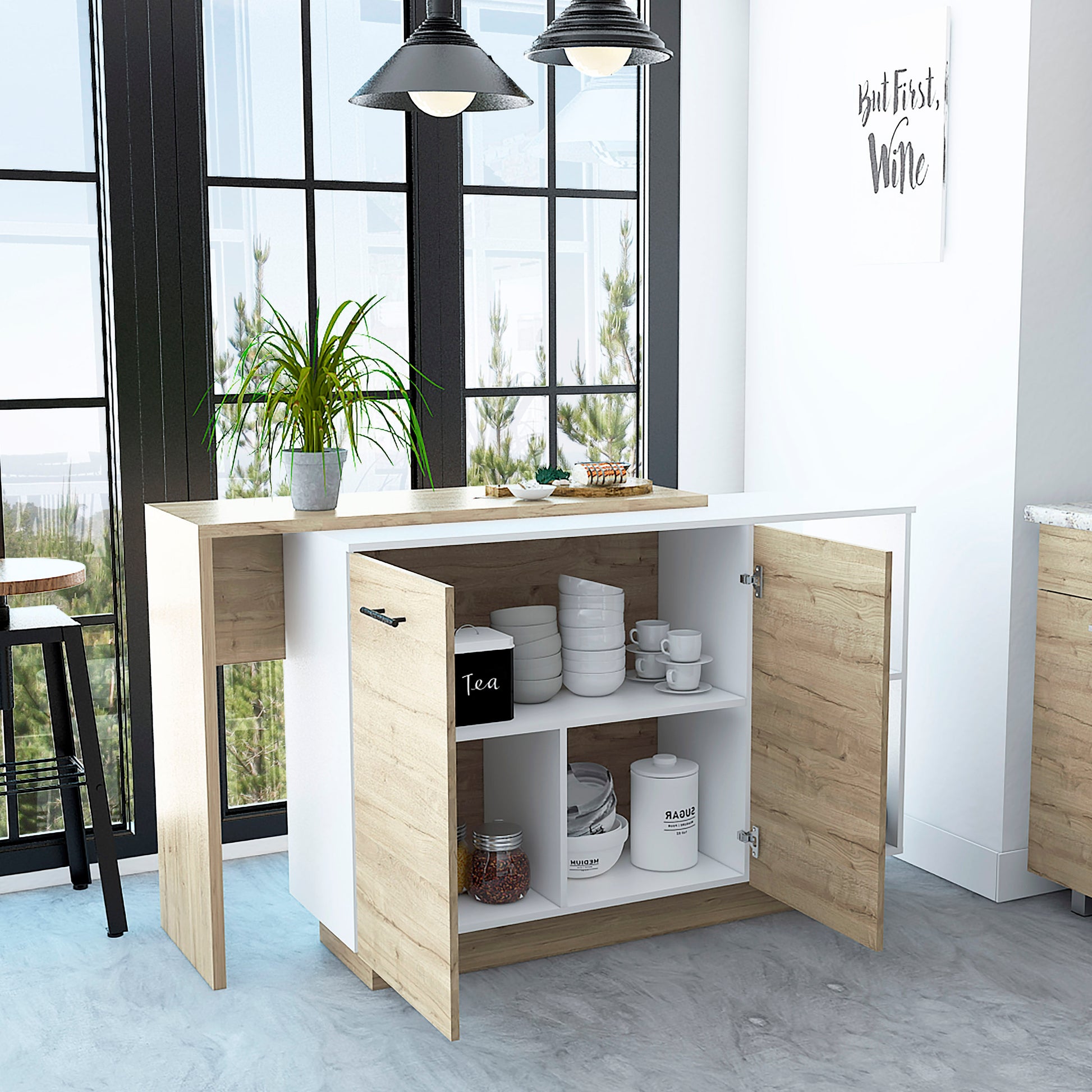 White and oak kitchen island with open storage