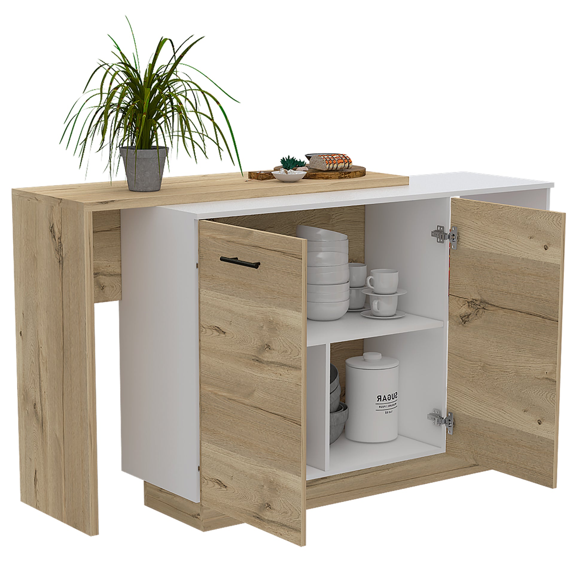 Modern buffet cabinet with wood grain doors and white frame featuring open shelving and closed storage