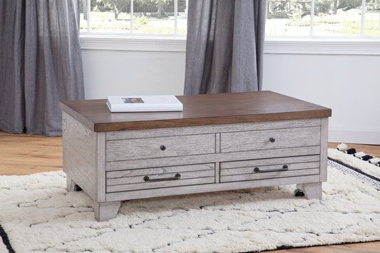 TREATLIFE HOME Lift Top Cocktail Table with Distressed Two-Tone Finish, Rustic Farmhouse Style, White and Honey-Smoke Accents
