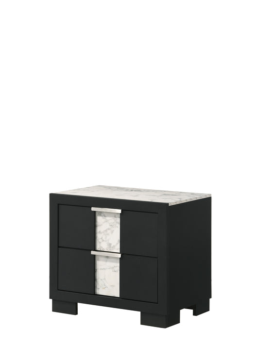 Sleek black nightstand with marble inlay drawer fronts and silver handles