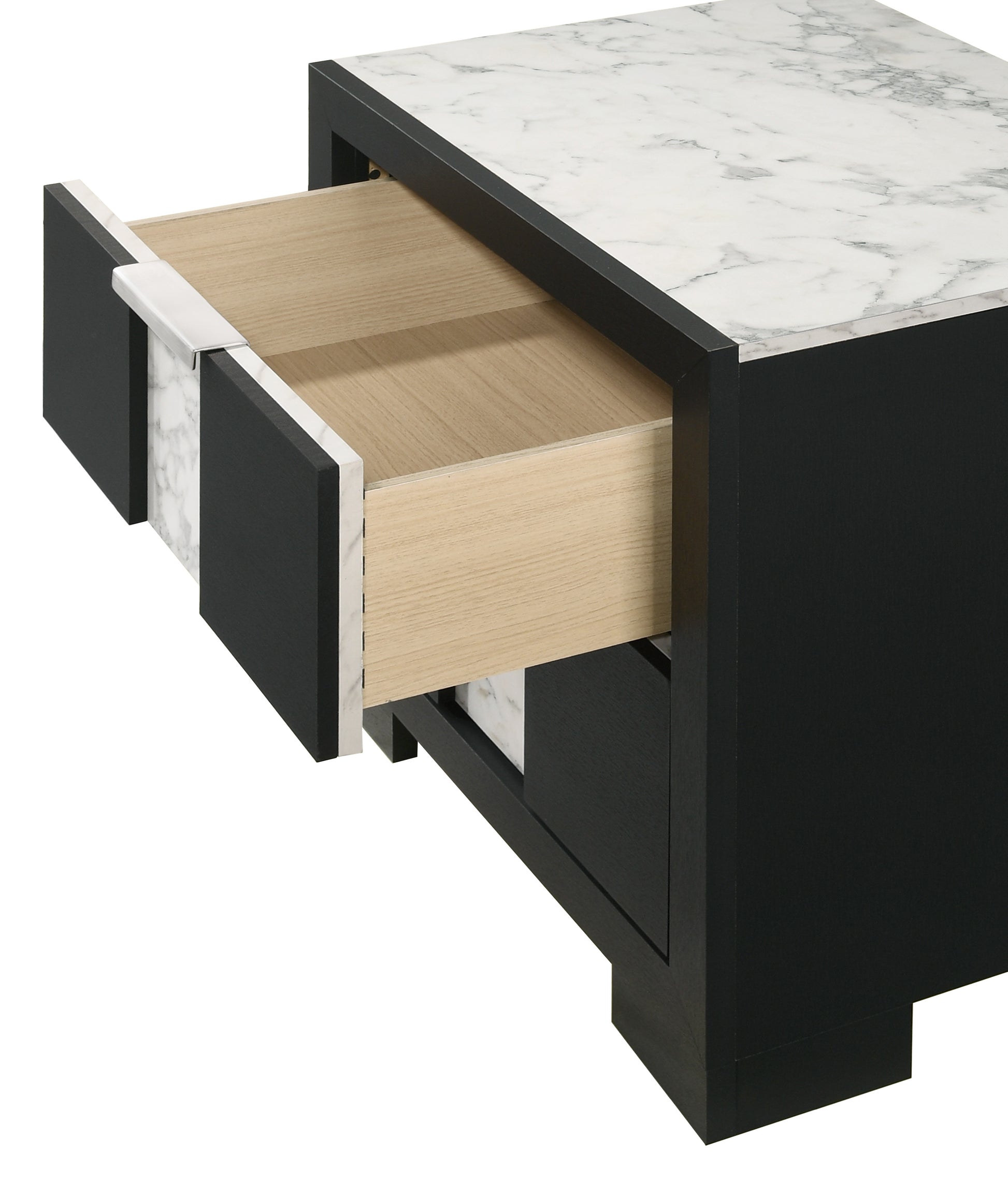 Black marble top coffee table with wood drawer