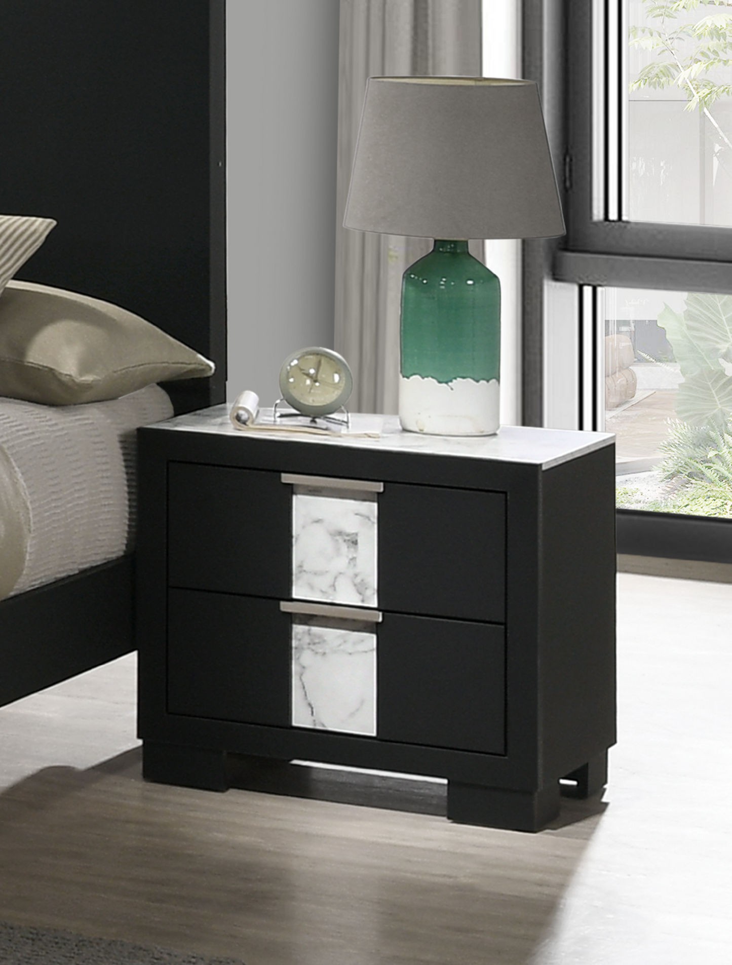 Black twodrawer nightstand with marble inlay drawer fronts and a white marble top