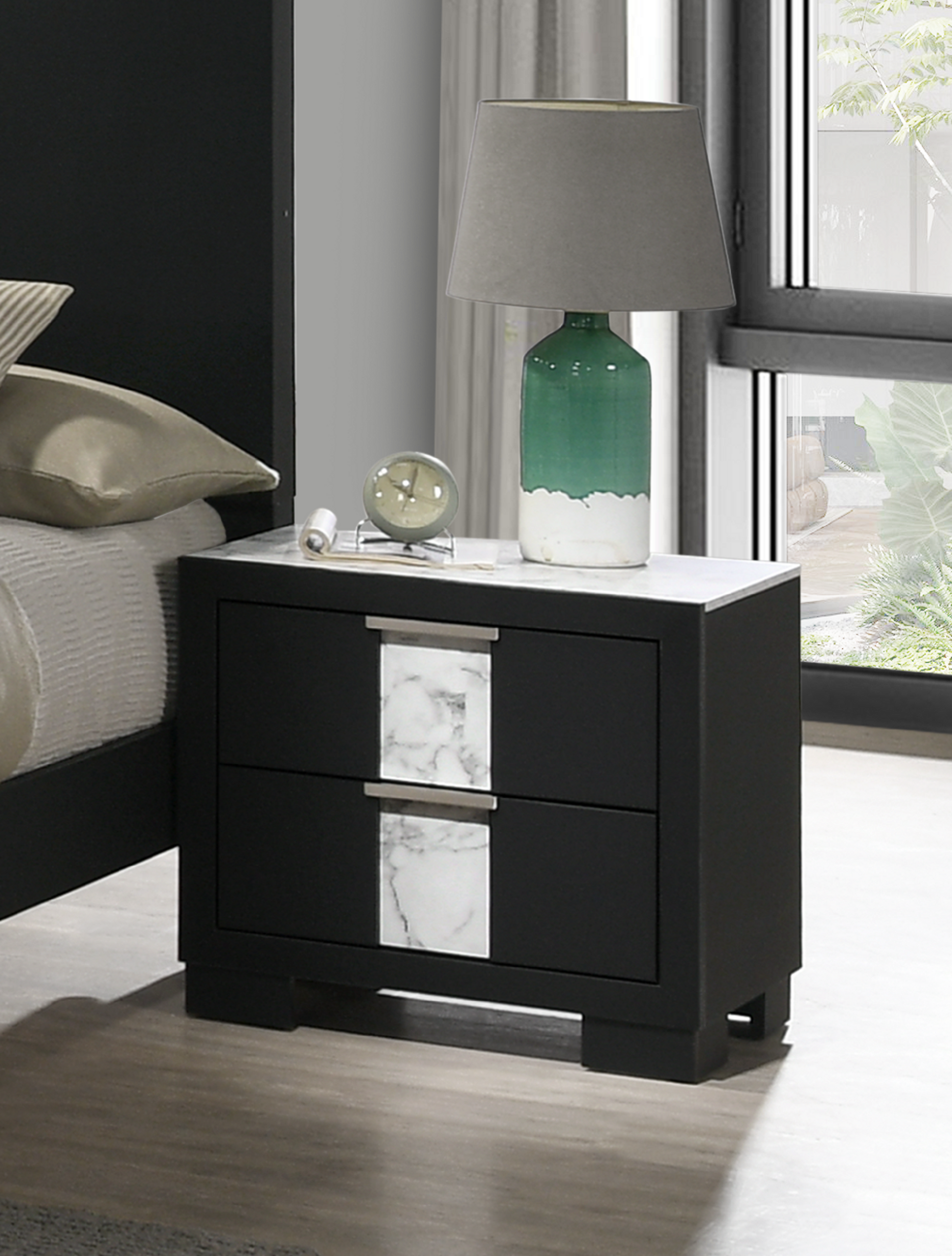 Black twodrawer nightstand with marble inlay drawer fronts and a white marble top