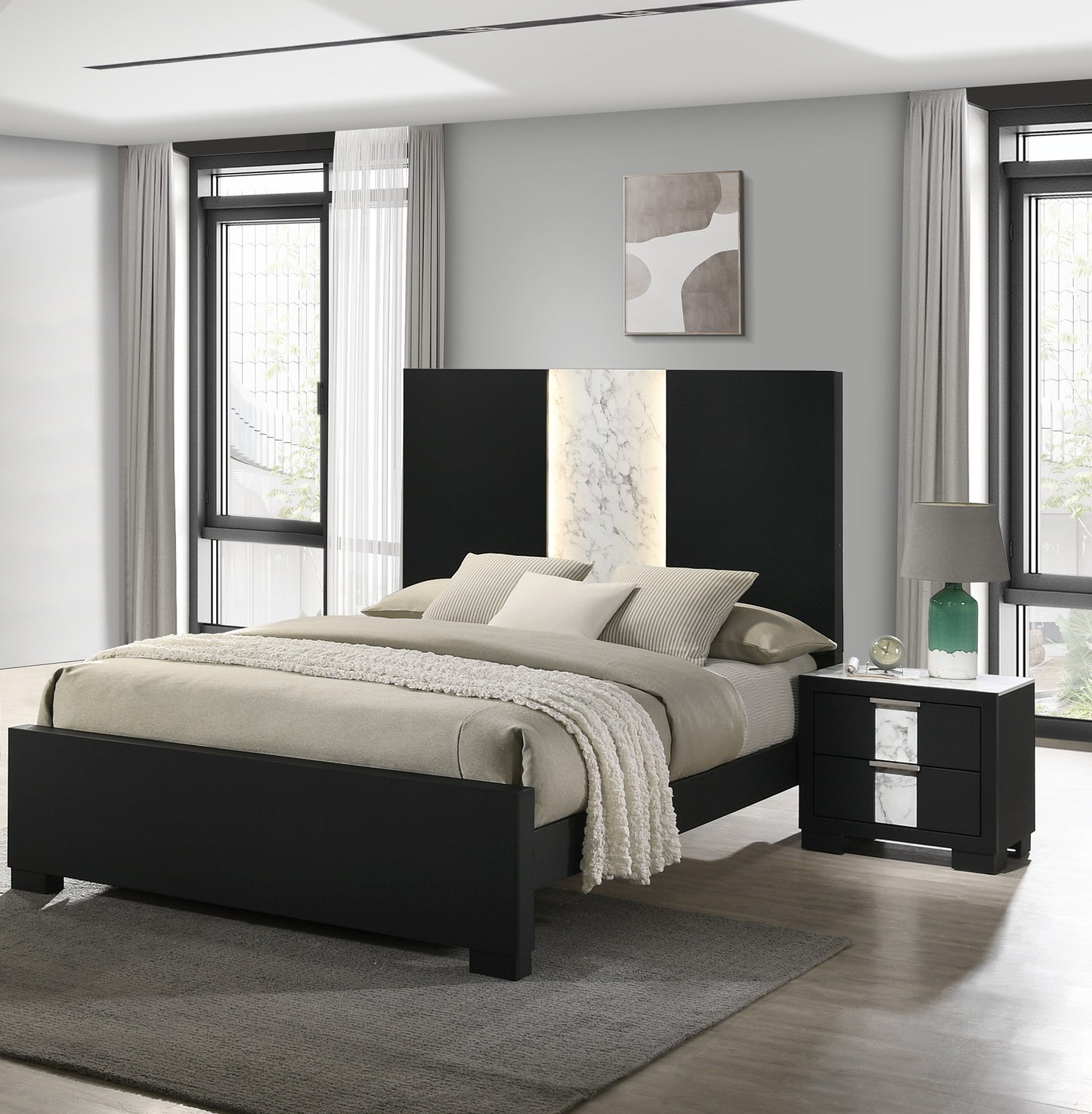 Black modern platform bed with a marbleinlay LED headboard and matching nightstand