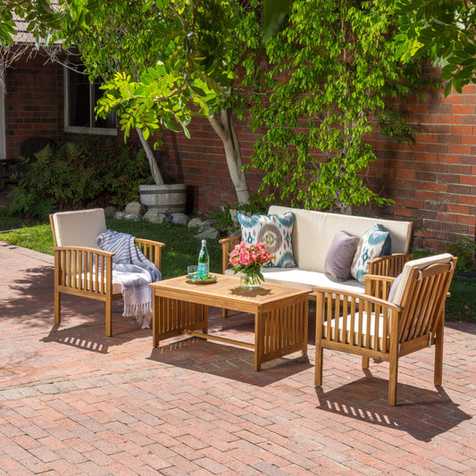 TREATLIFE HOME 4 Piece Chat Set with Acacia Wood Frame and Water-Resistant Cushions, Brown