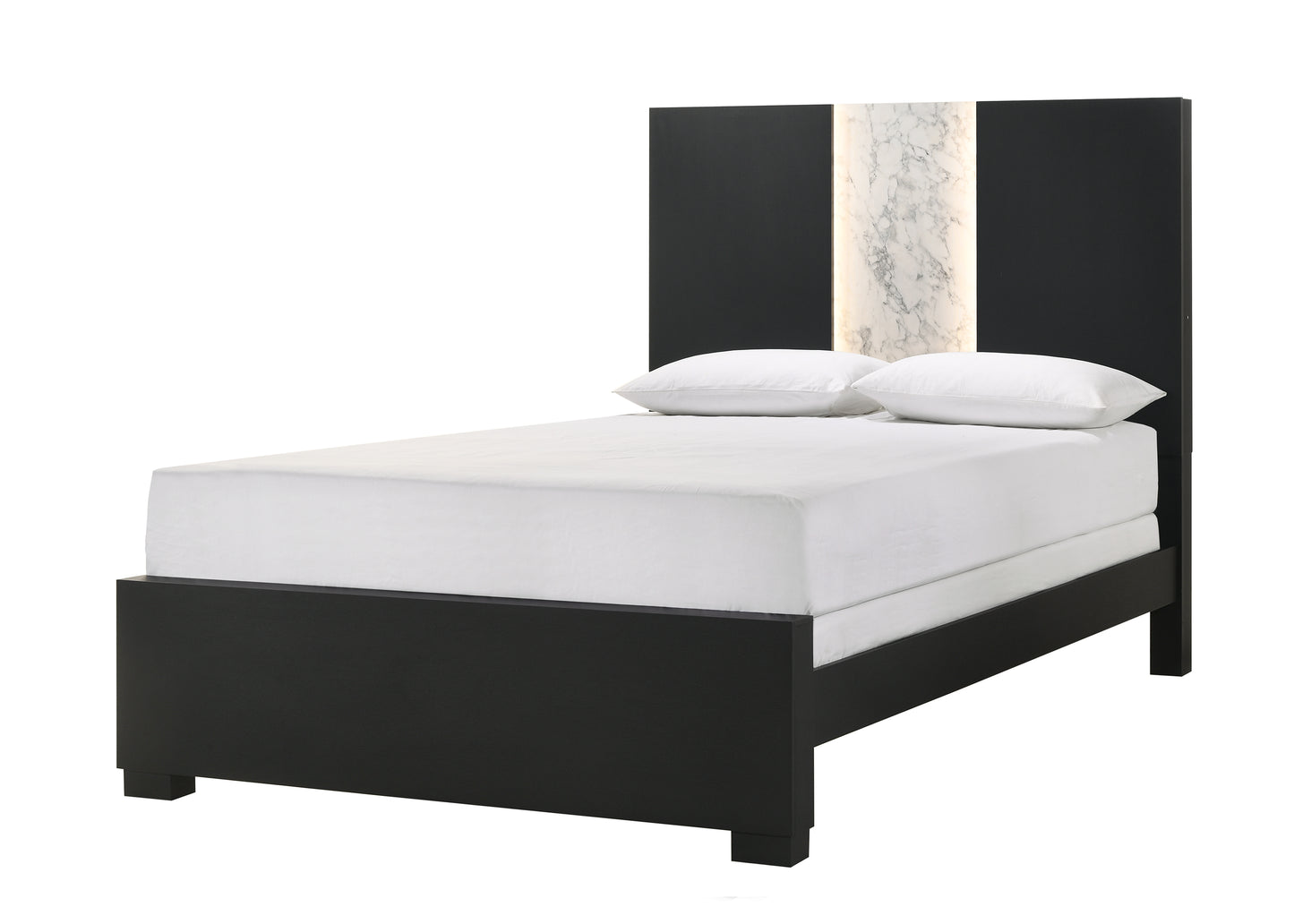 Modern black platform bed with a marbleinlaid headboard and integrated lighting