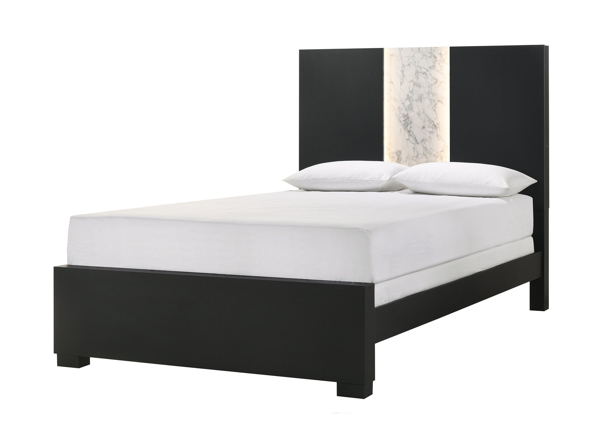 Modern black platform bed with a marbleinlaid headboard and integrated lighting