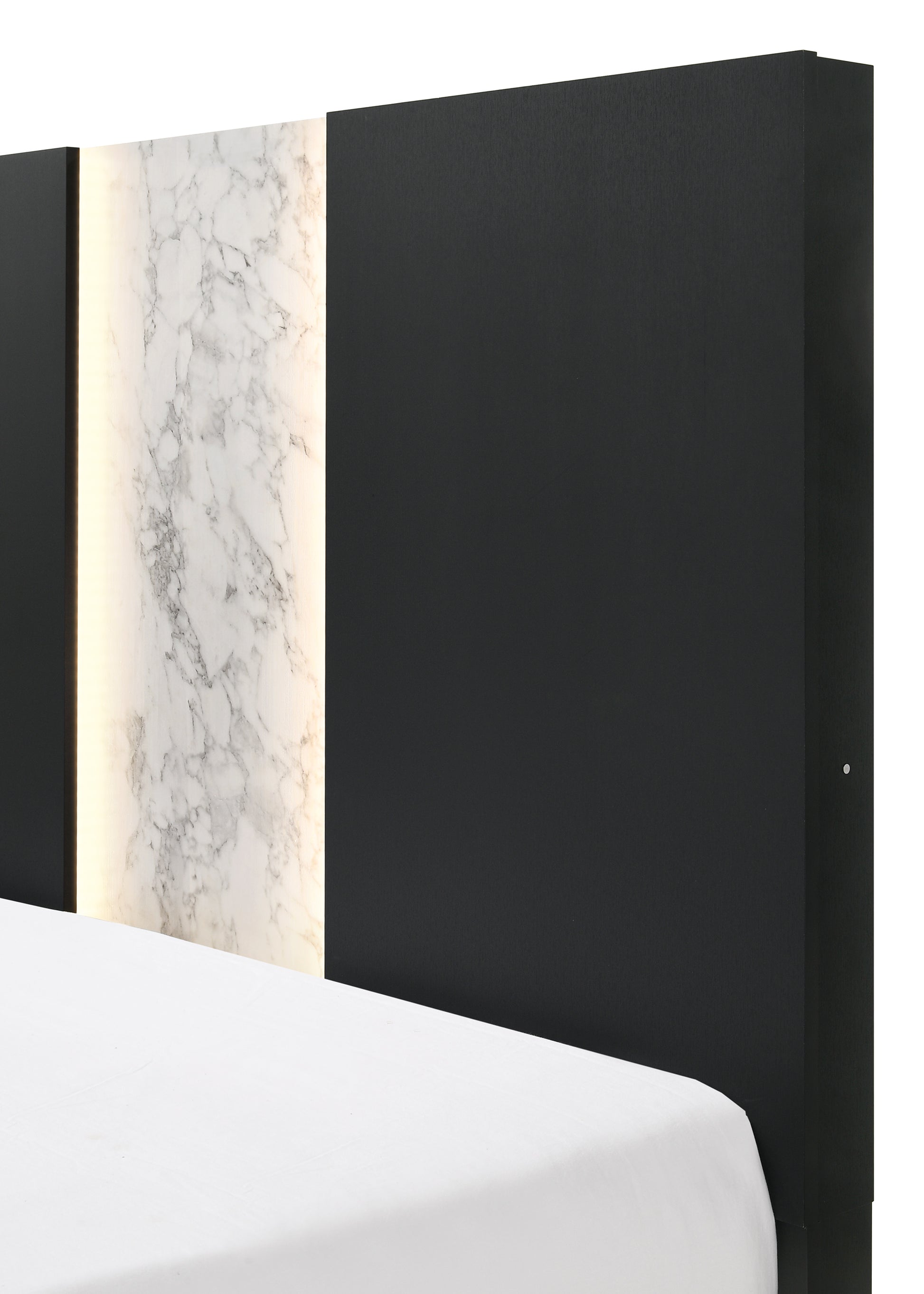 Black headboard with integrated illuminated marble panel